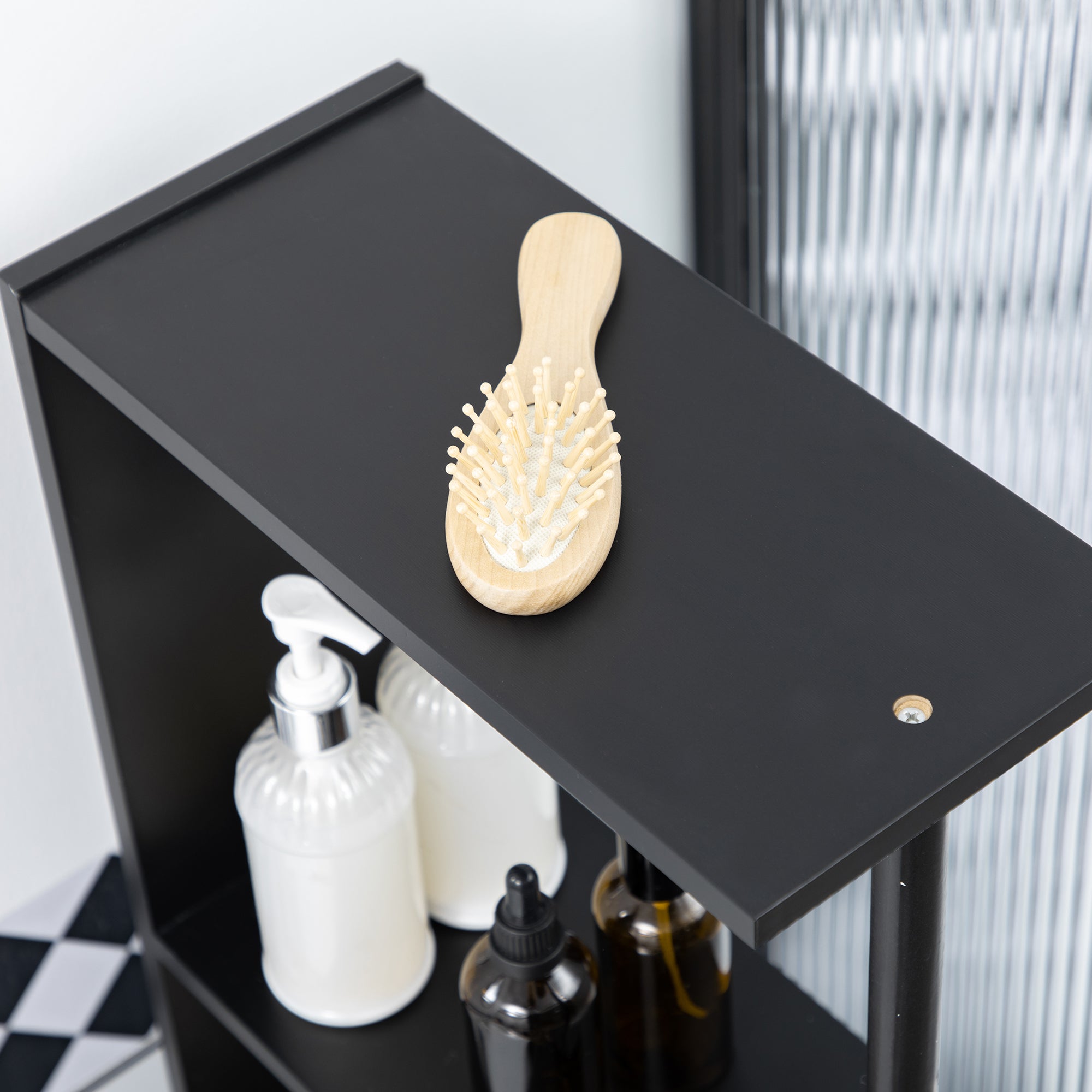 Bathroom Cabinet, space-saving wooden bathroom cabinet with shelves and drawers, 15x33x136 cm, Black