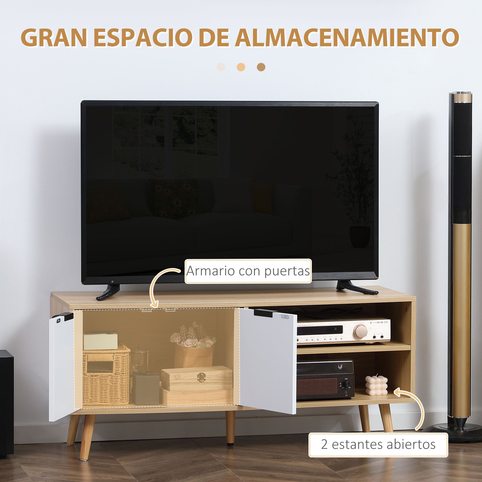 Modern TV Stand TV Console with 2 Doors and 2 Storage Shelves for TVs up to 46" for Bedroom 110x39x48.8 cm Natural and White