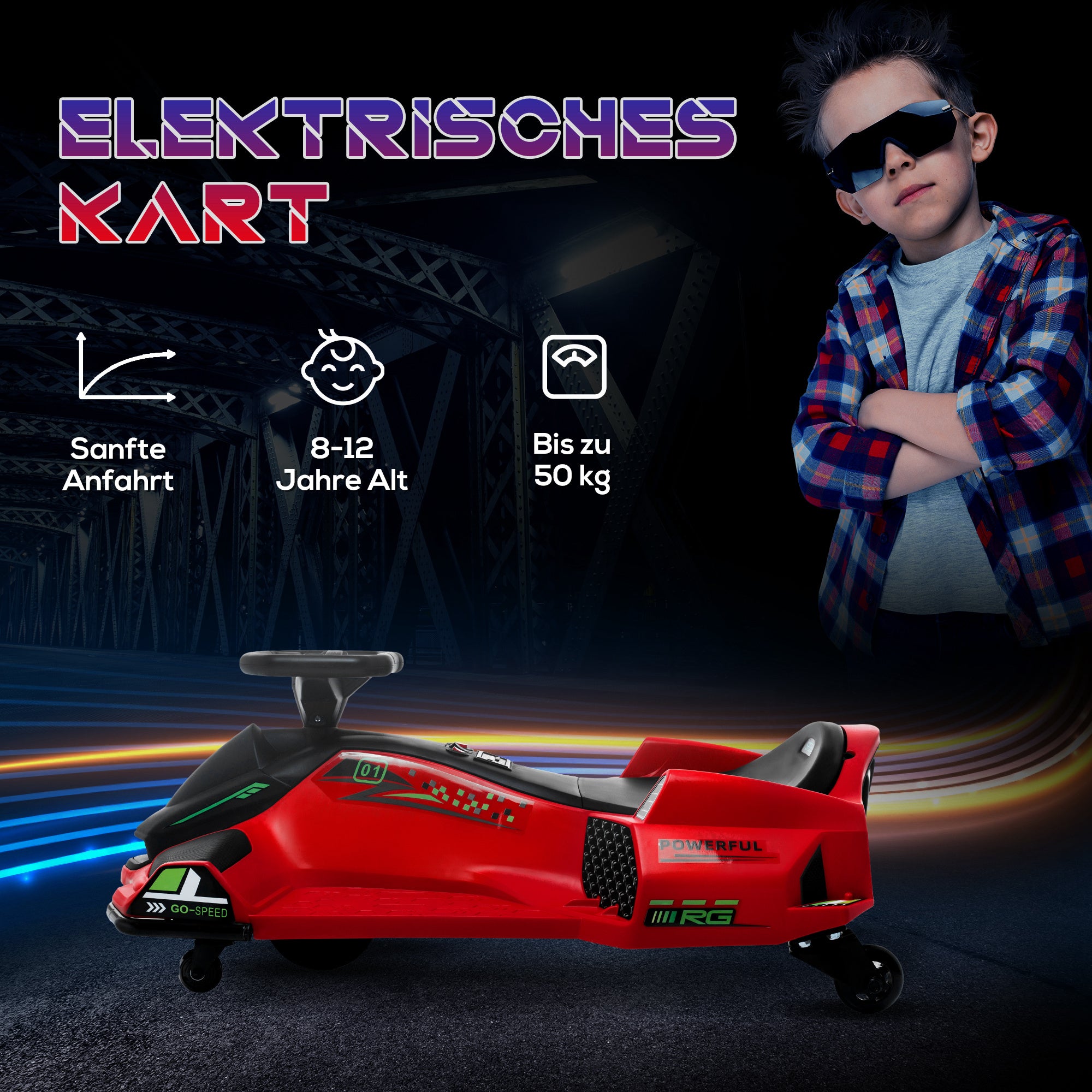 Kids Electric Go-Kart 12V 3-8km/h Drift Kart with Drift Mode, Slow Start, Go-Kart with Lights Music, Safety Belt Children's Vehicle for 8-12 Years Kids Red