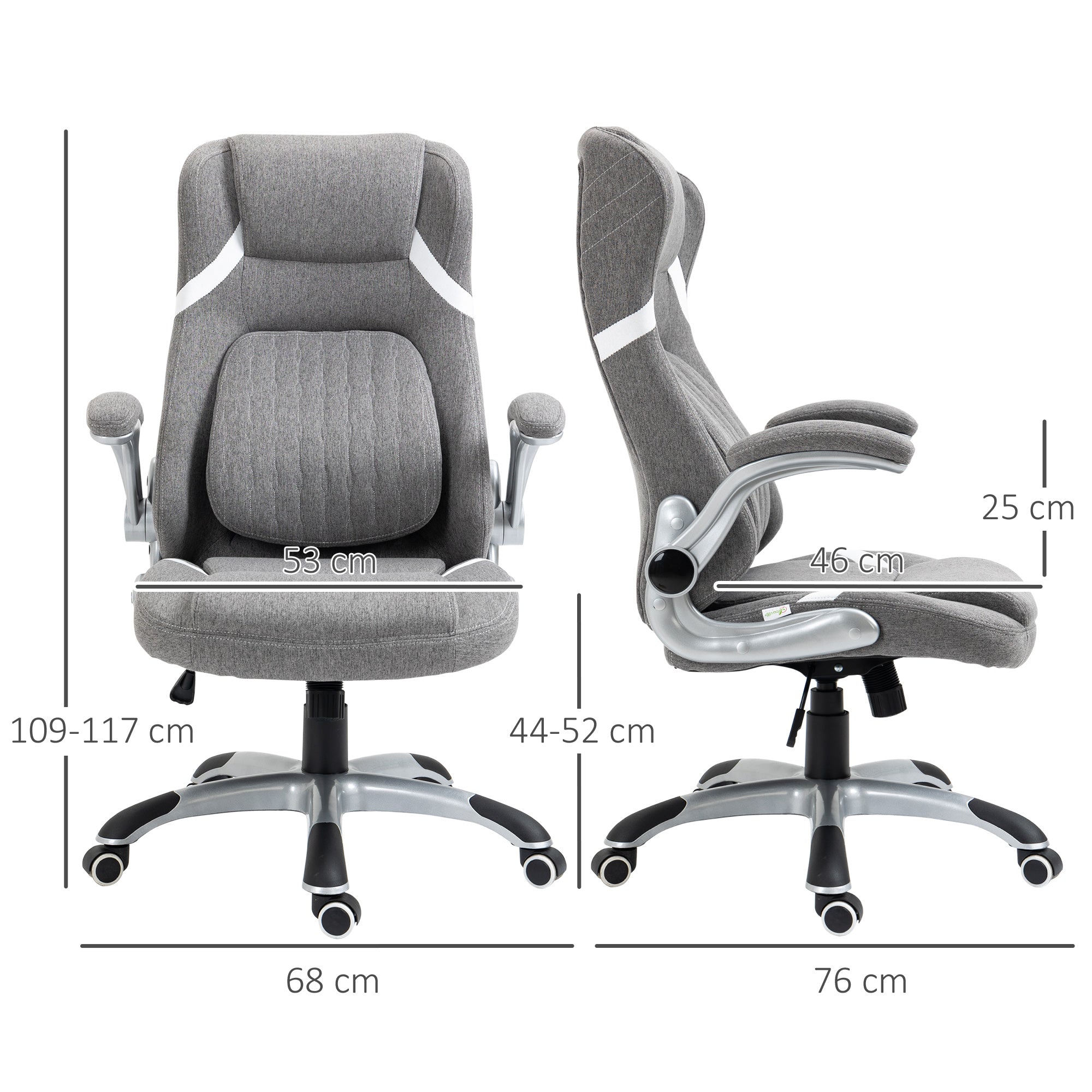 Ergonomic Office Chair with Folding Armrests and Headrest, Swivel Desk Chair with Lumbar Support, Adjustable Height and Rocking Function in Fabric for Study, Gray