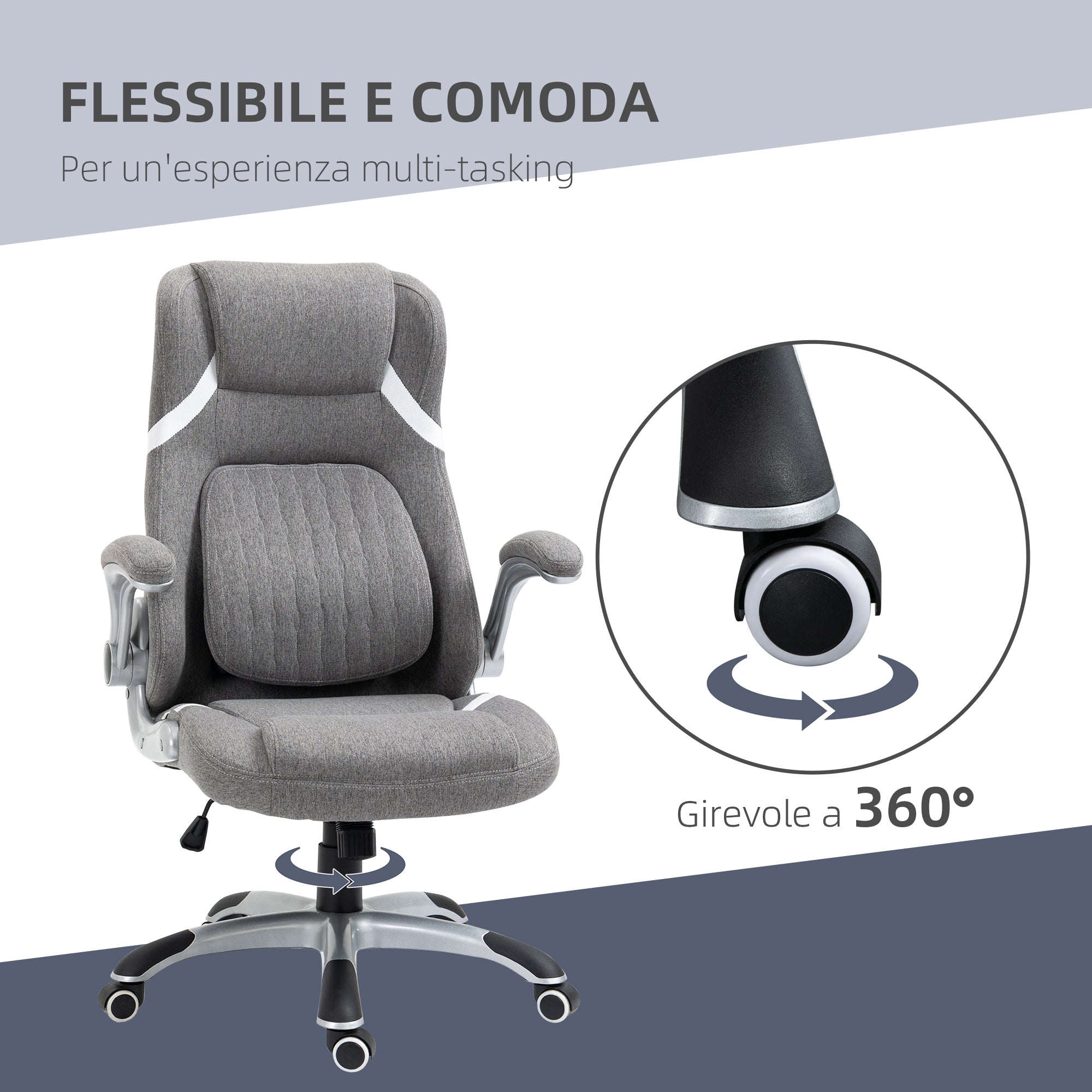Ergonomic Office Chair with Folding Armrests and Headrest, Swivel Desk Chair with Lumbar Support, Adjustable Height and Rocking Function in Fabric for Study, Gray