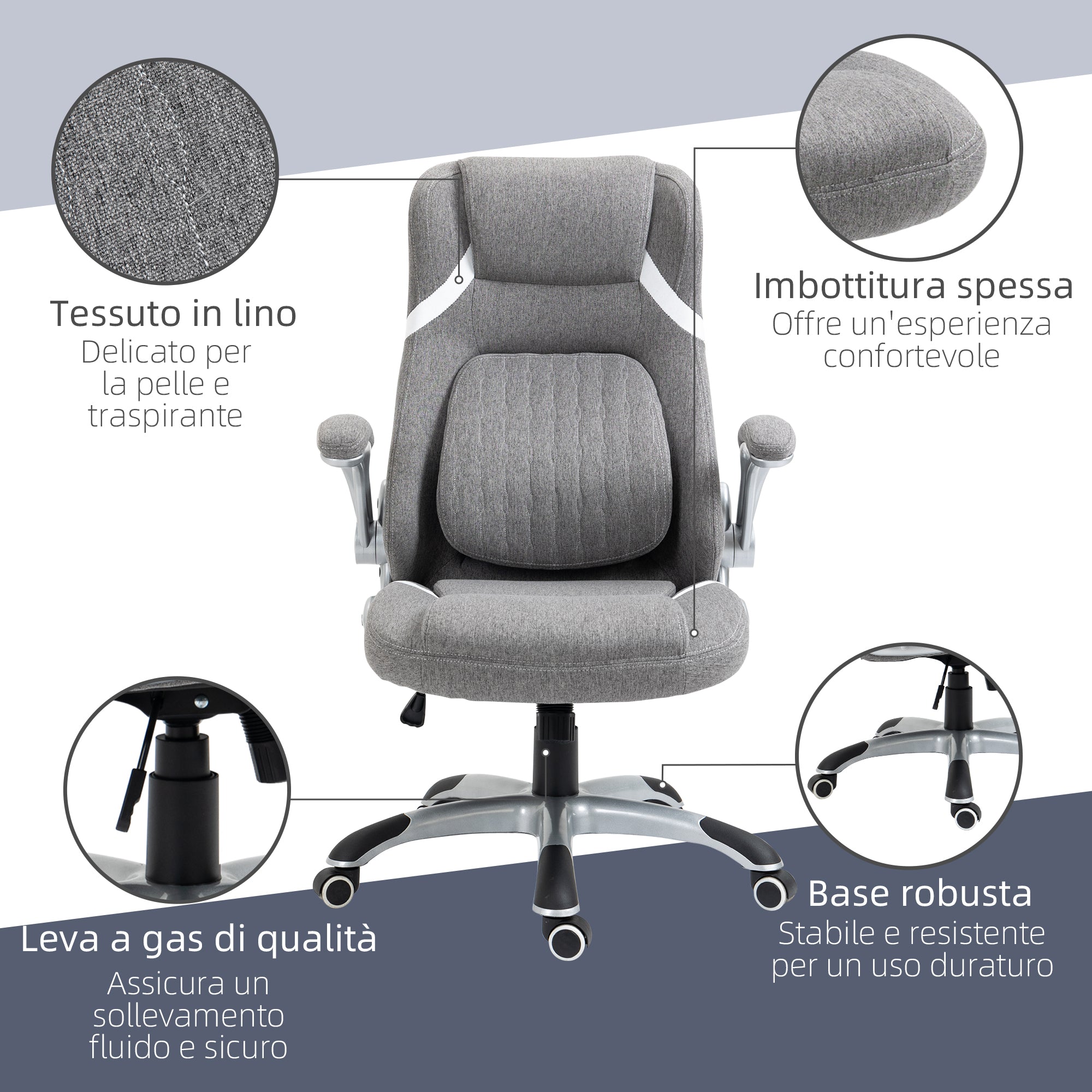 Ergonomic Office Chair with Folding Armrests and Headrest, Swivel Desk Chair with Lumbar Support, Adjustable Height and Rocking Function in Fabric for Study, Gray