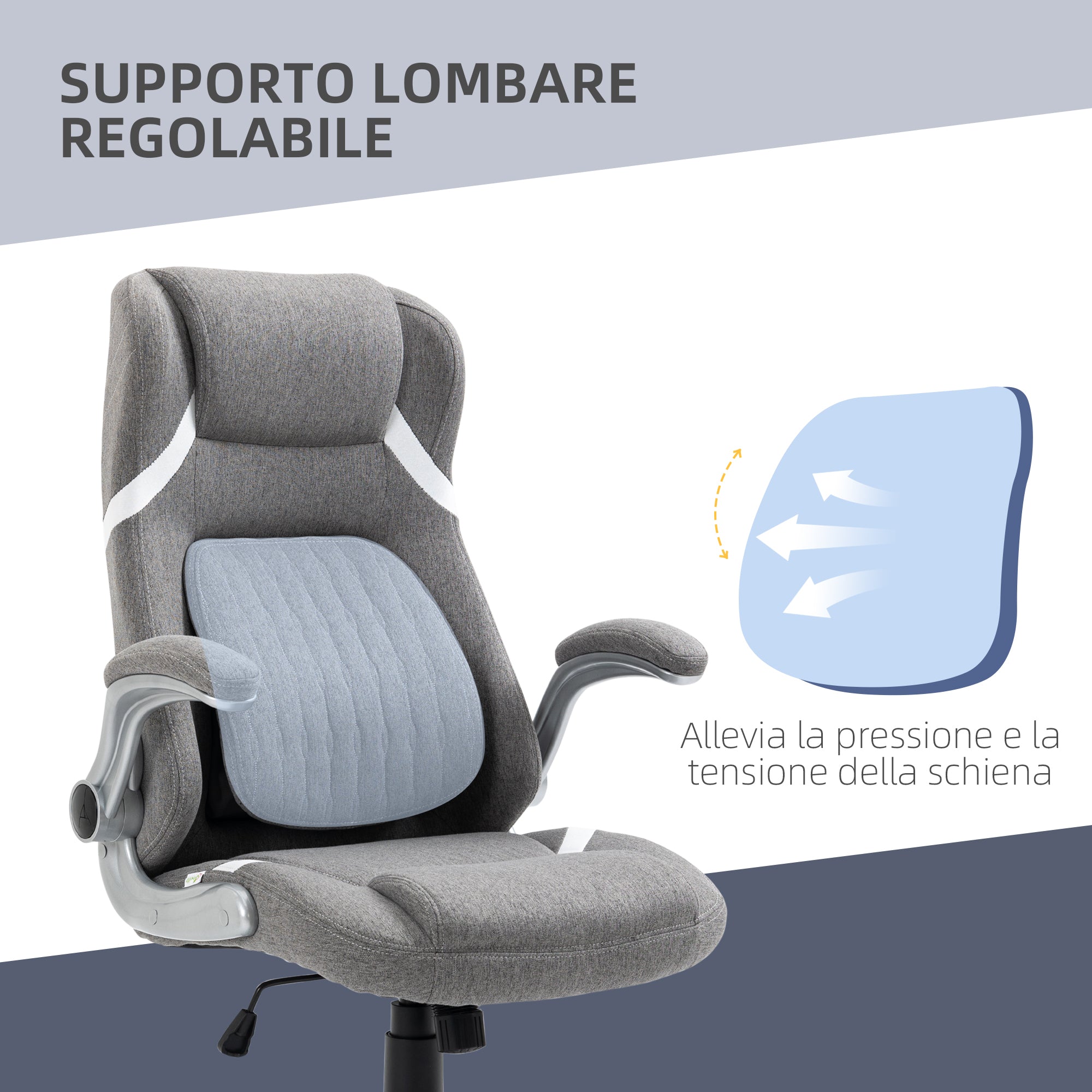 Ergonomic Office Chair with Folding Armrests and Headrest, Swivel Desk Chair with Lumbar Support, Adjustable Height and Rocking Function in Fabric for Study, Gray