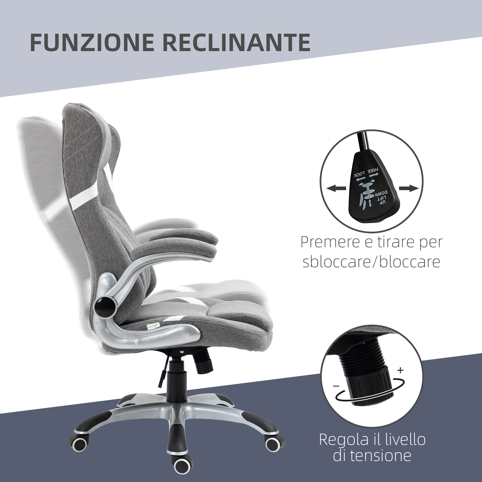 Ergonomic Office Chair with Folding Armrests and Headrest, Swivel Desk Chair with Lumbar Support, Adjustable Height and Rocking Function in Fabric for Study, Gray