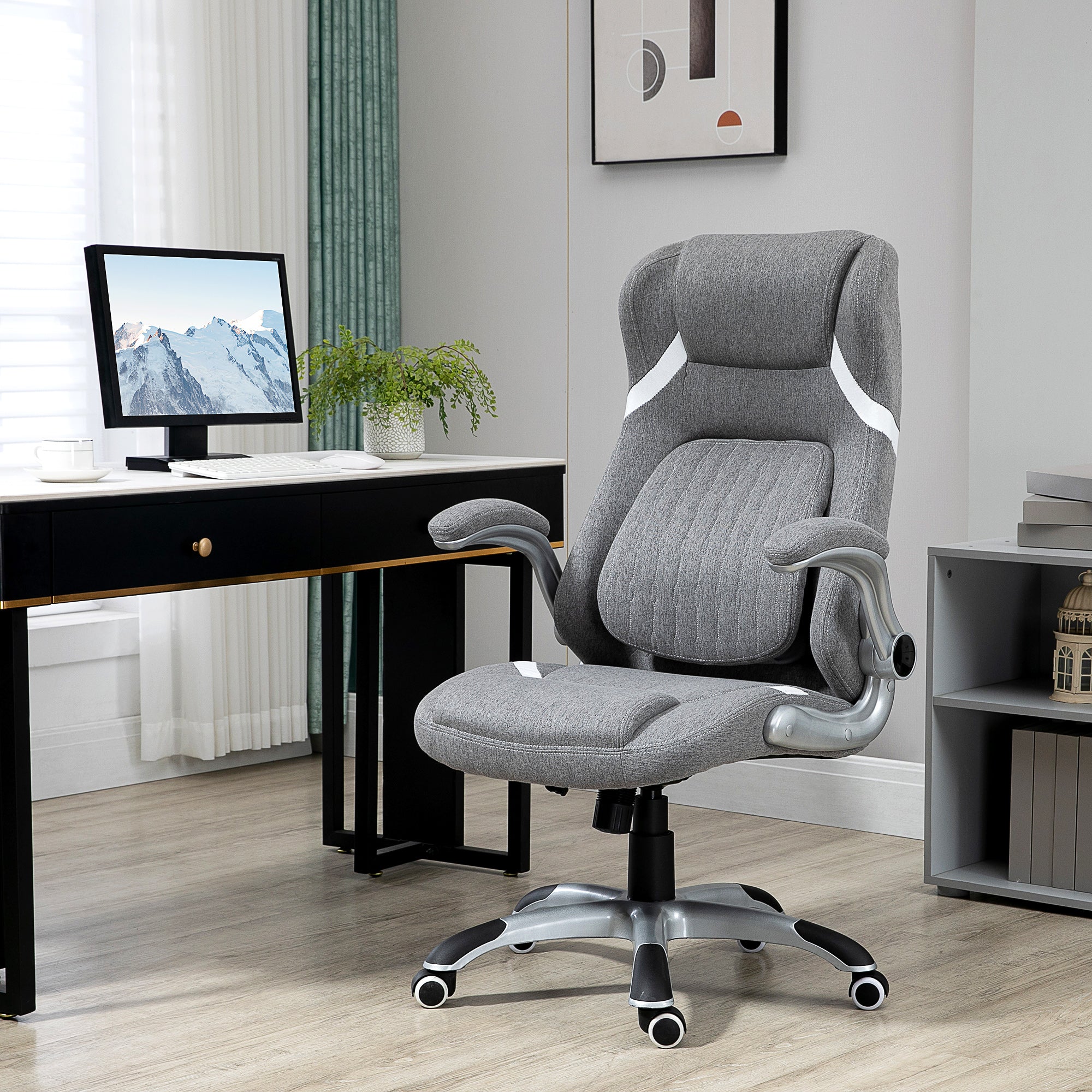 Ergonomic Office Chair with Folding Armrests and Headrest, Swivel Desk Chair with Lumbar Support, Adjustable Height and Rocking Function in Fabric for Study, Gray