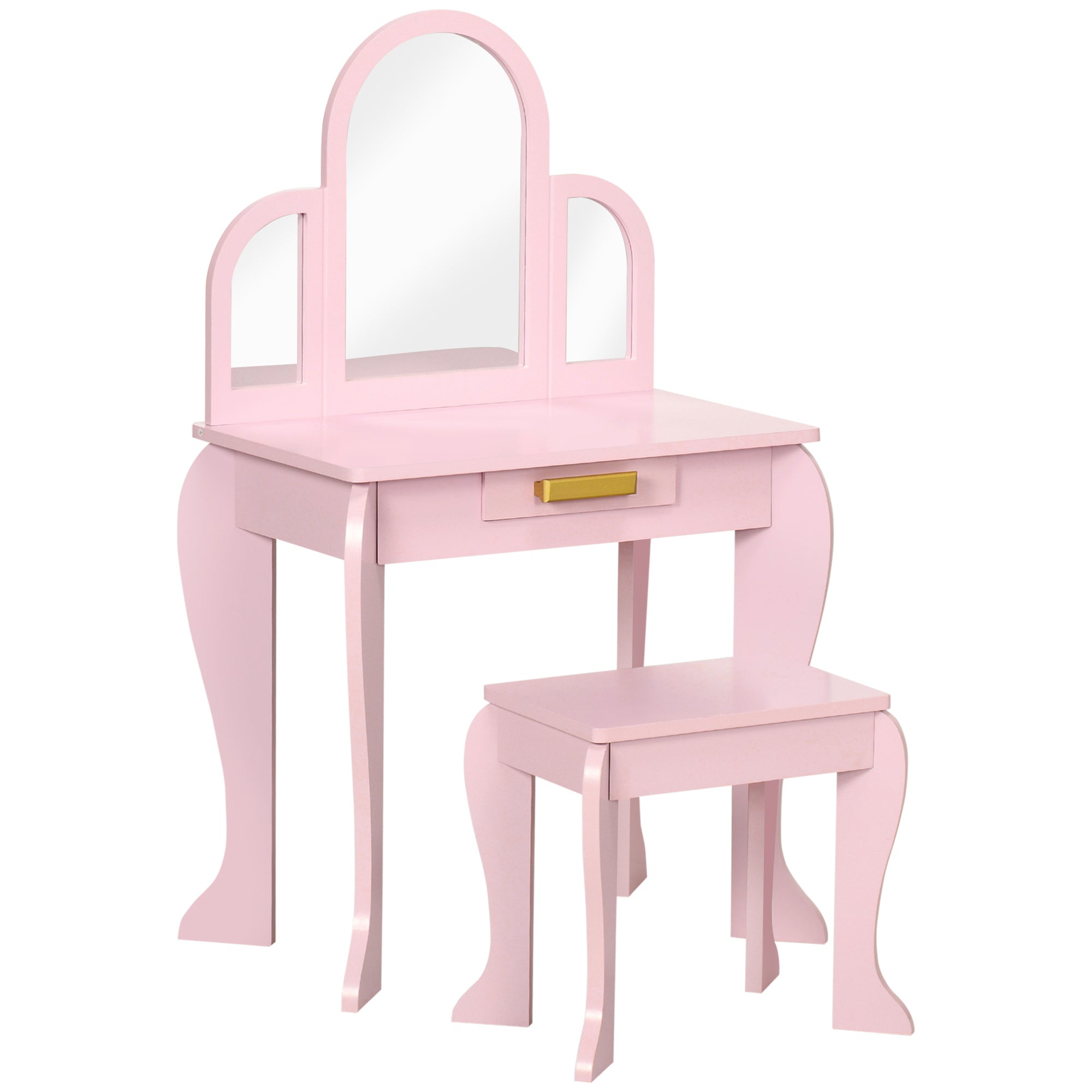Children's Dressing Table Makeup Table with Stool 3 Mirrors and Drawer 3-6 Years - 52 x 32 x 85 cm - Pink