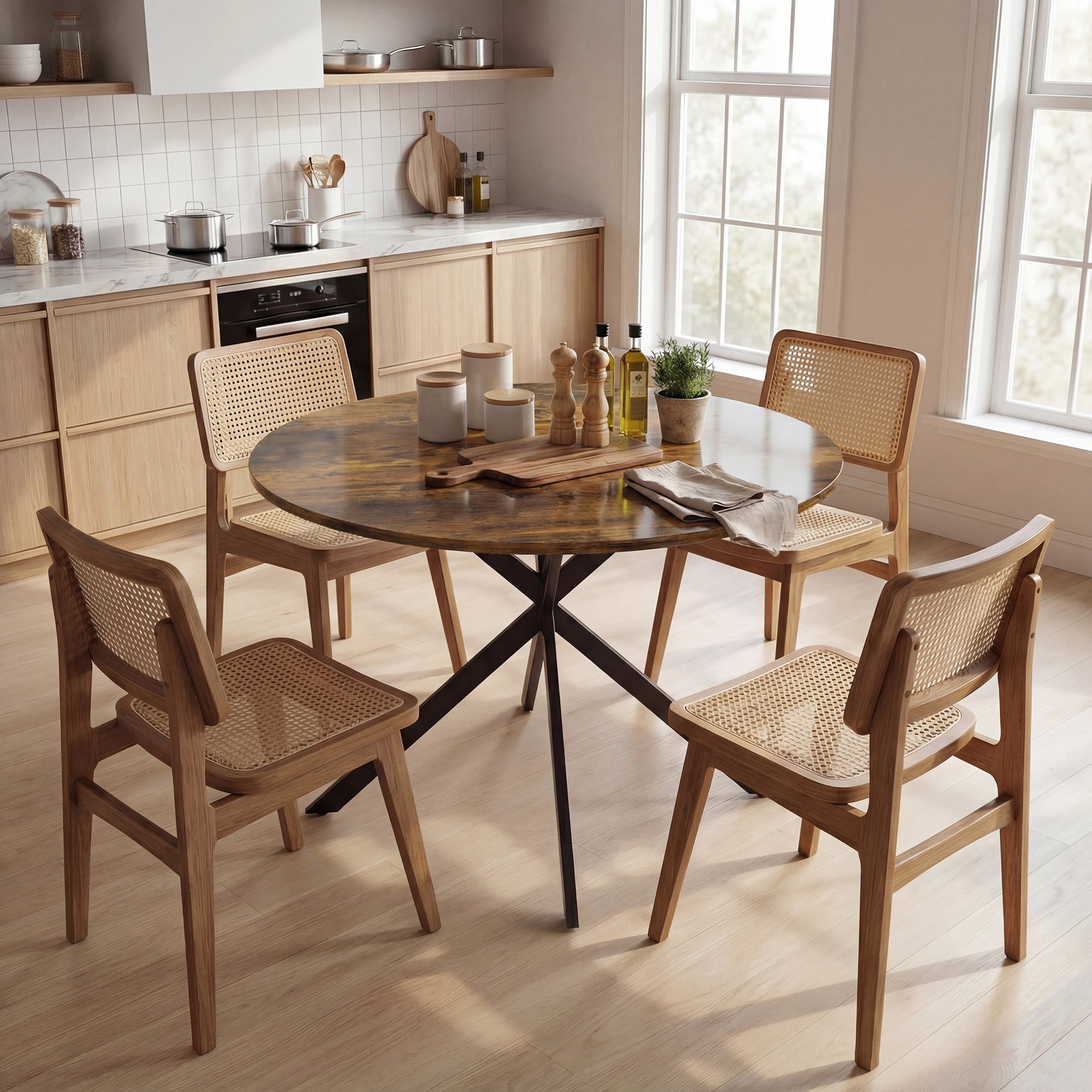 Round Dining Table for 4, Ø100 cm Industrial Kitchen Table with Steel X-Legs, Rustic Brown