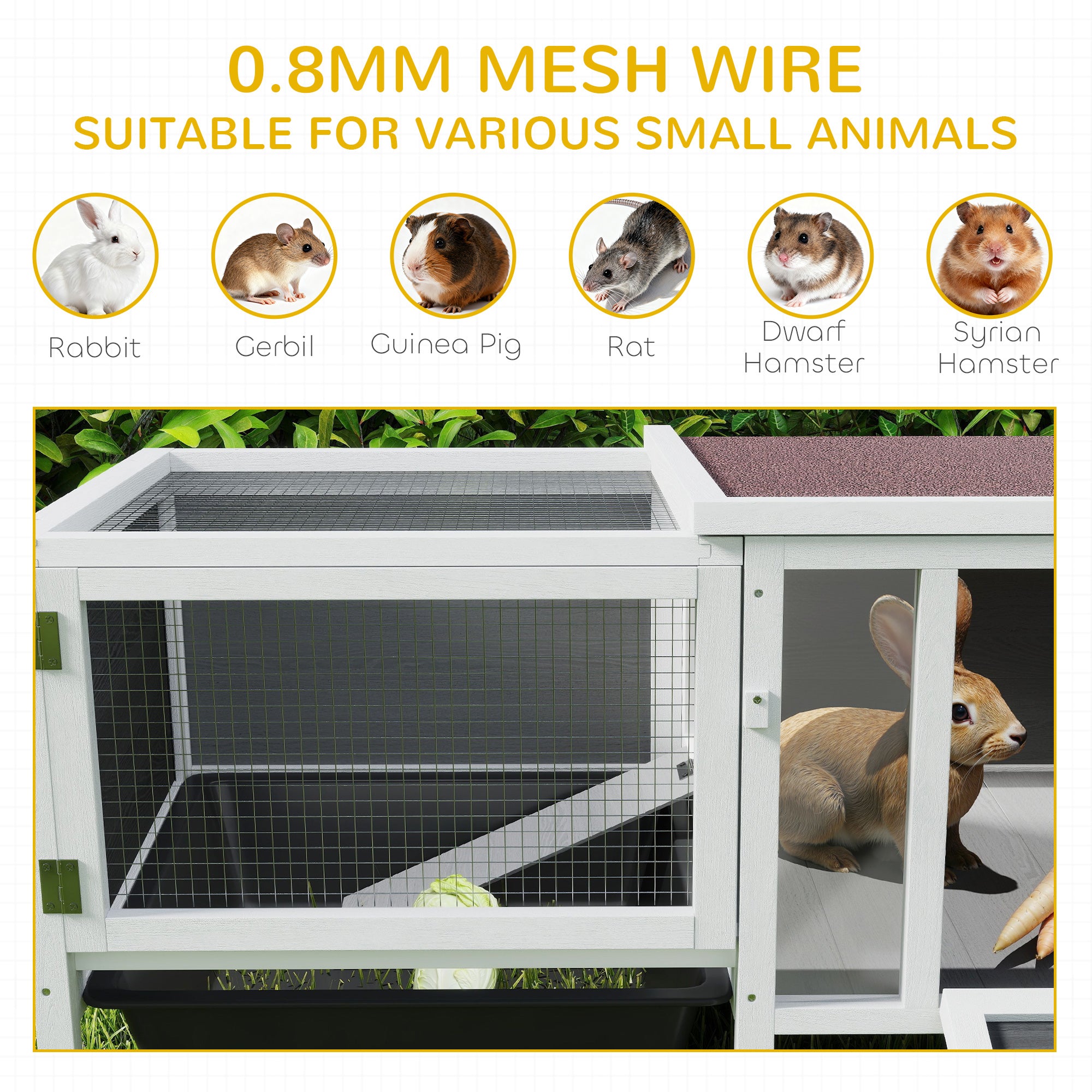 Outdoor Wooden Rabbit Hutch with House, Run & Pull-Out Tray — Spruce Wood, Metal, PET, Asphalt Roof, 105 x 57.5 x 51.5 cm (41.3 x 22.6 x 20.3 in), Multicolor