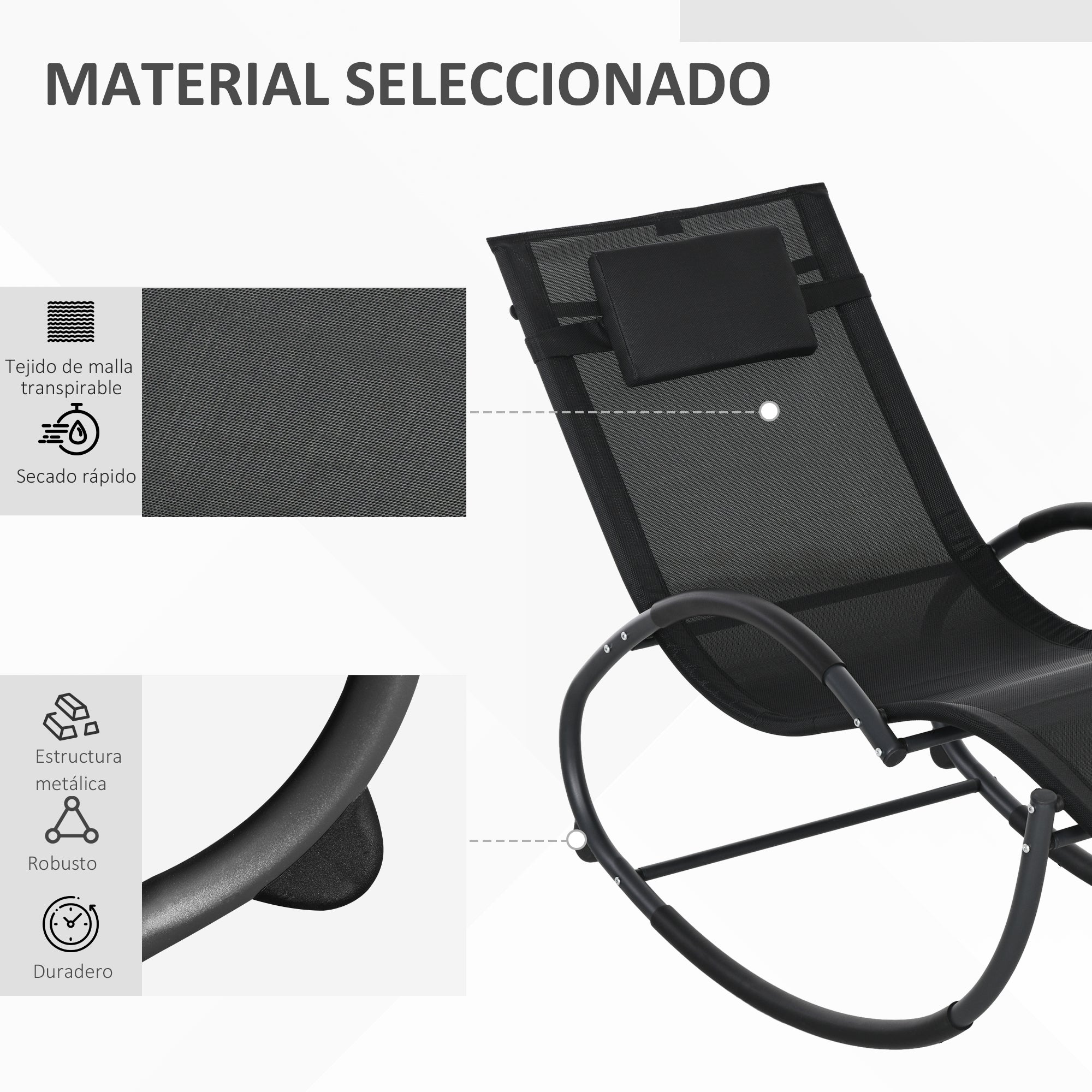 Outdoor Rocking Chair with Headrest Armrests and Metal Frame 120 kg Load Capacity for Indoor and Outdoor 155x61x88 cm Black