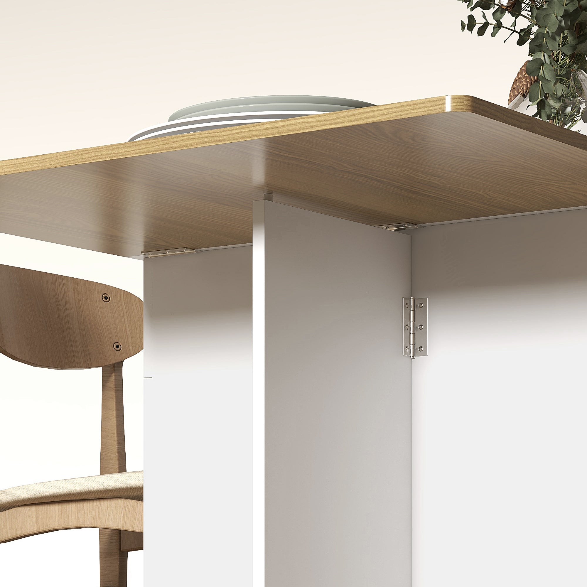 Folding Space-Saving Dining Table for 6 People, Flip-Top Wood Table with Wheels, 2 Drawers and Cabinet for Kitchen and Living Room, 140x76x74 cm, White and Natural