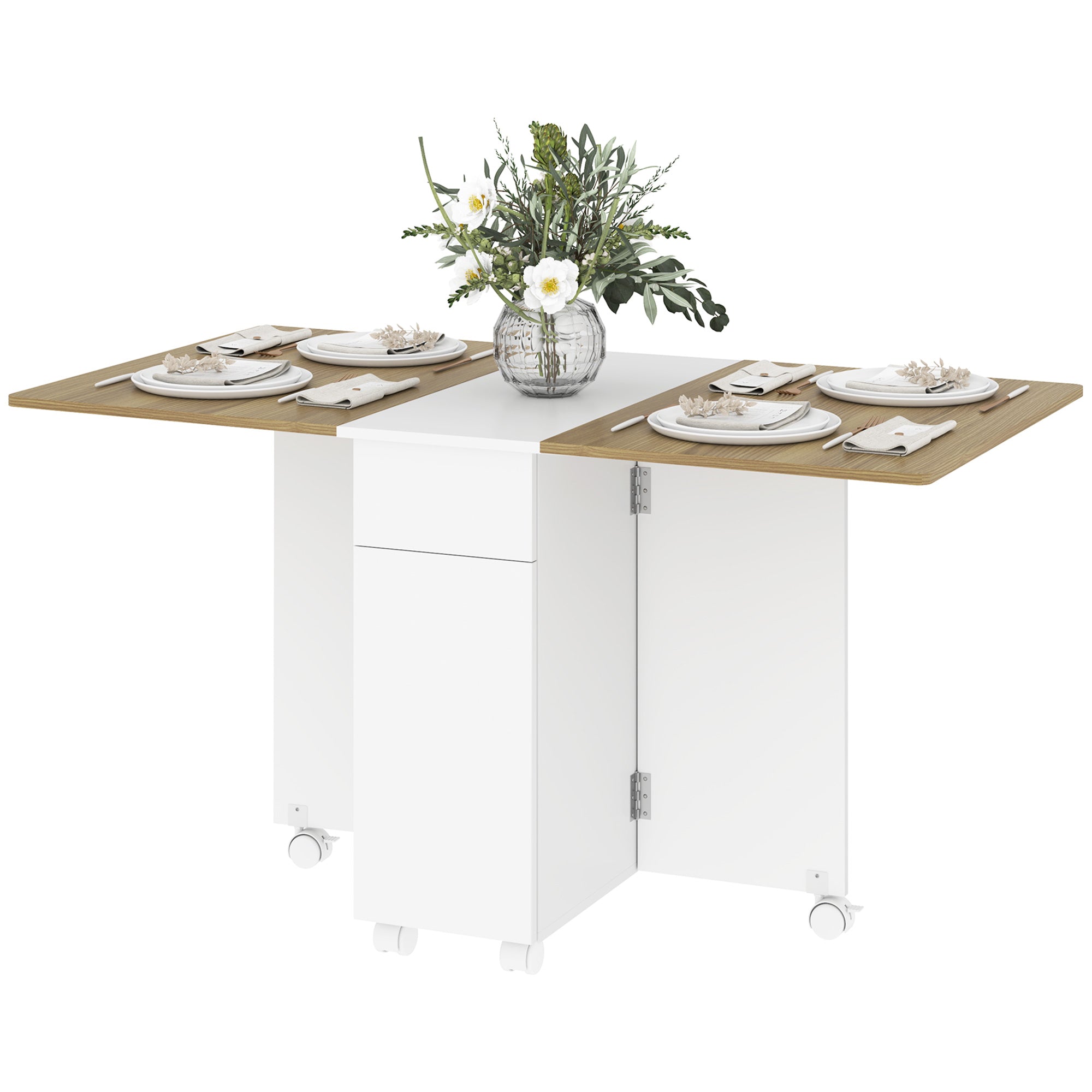 Folding Space-Saving Dining Table for 6 People, Flip-Top Wood Table with Wheels, 2 Drawers and Cabinet for Kitchen and Living Room, 140x76x74 cm, White and Natural