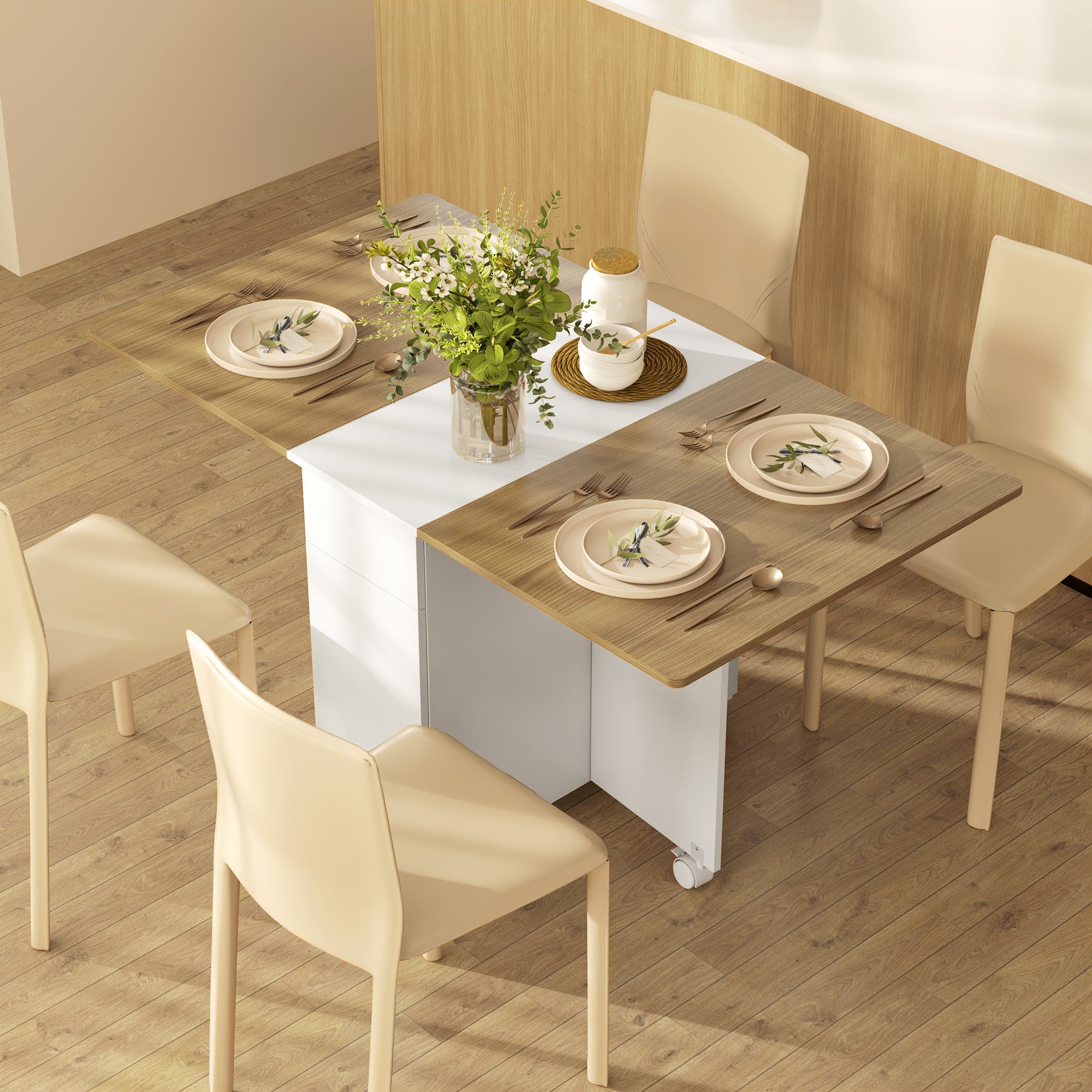 Folding Space-Saving Dining Table for 6 People, Flip-Top Wood Table with Wheels, 2 Drawers and Cabinet for Kitchen and Living Room, 140x76x74 cm, White and Natural