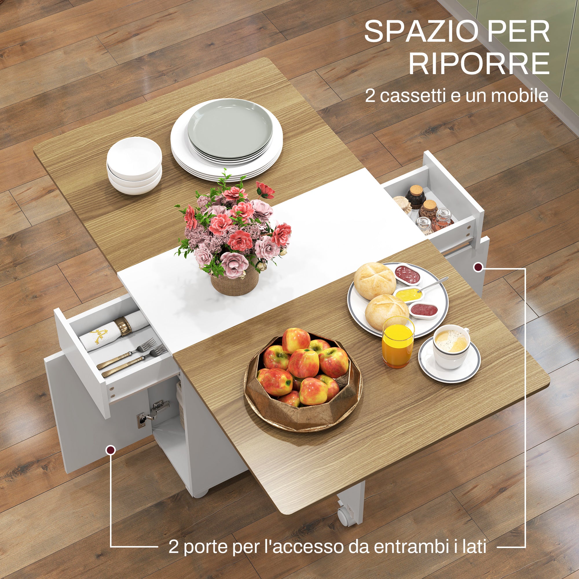 Folding Space-Saving Dining Table for 6 People, Flip-Top Wood Table with Wheels, 2 Drawers and Cabinet for Kitchen and Living Room, 140x76x74 cm, White and Natural