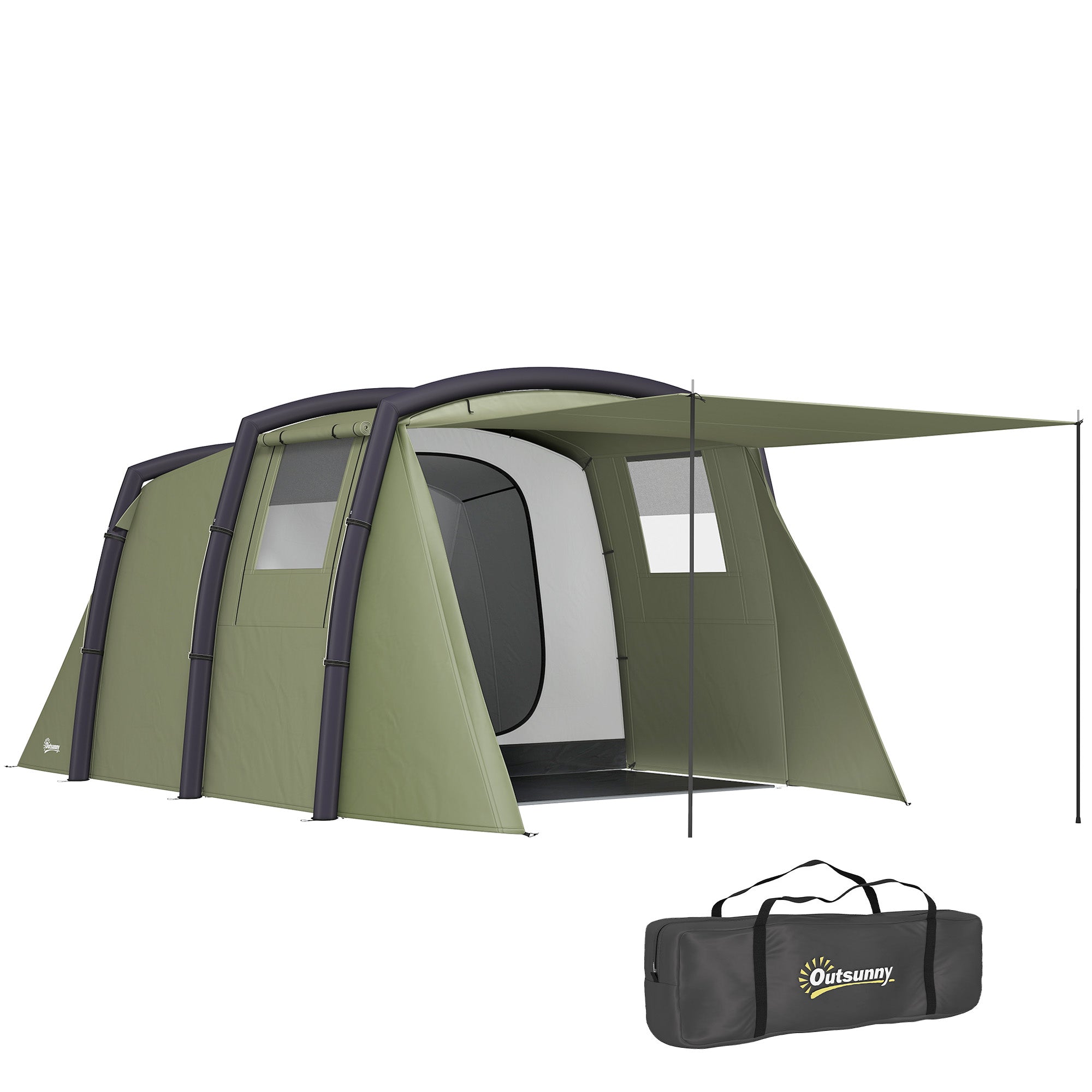 Inflatable Family Tunnel Tent for 3–6 People — Glamping Tent with Vestibule, Mesh Windows, Carry Bag, UPF50+ UV Protection, Waterproof, Olive