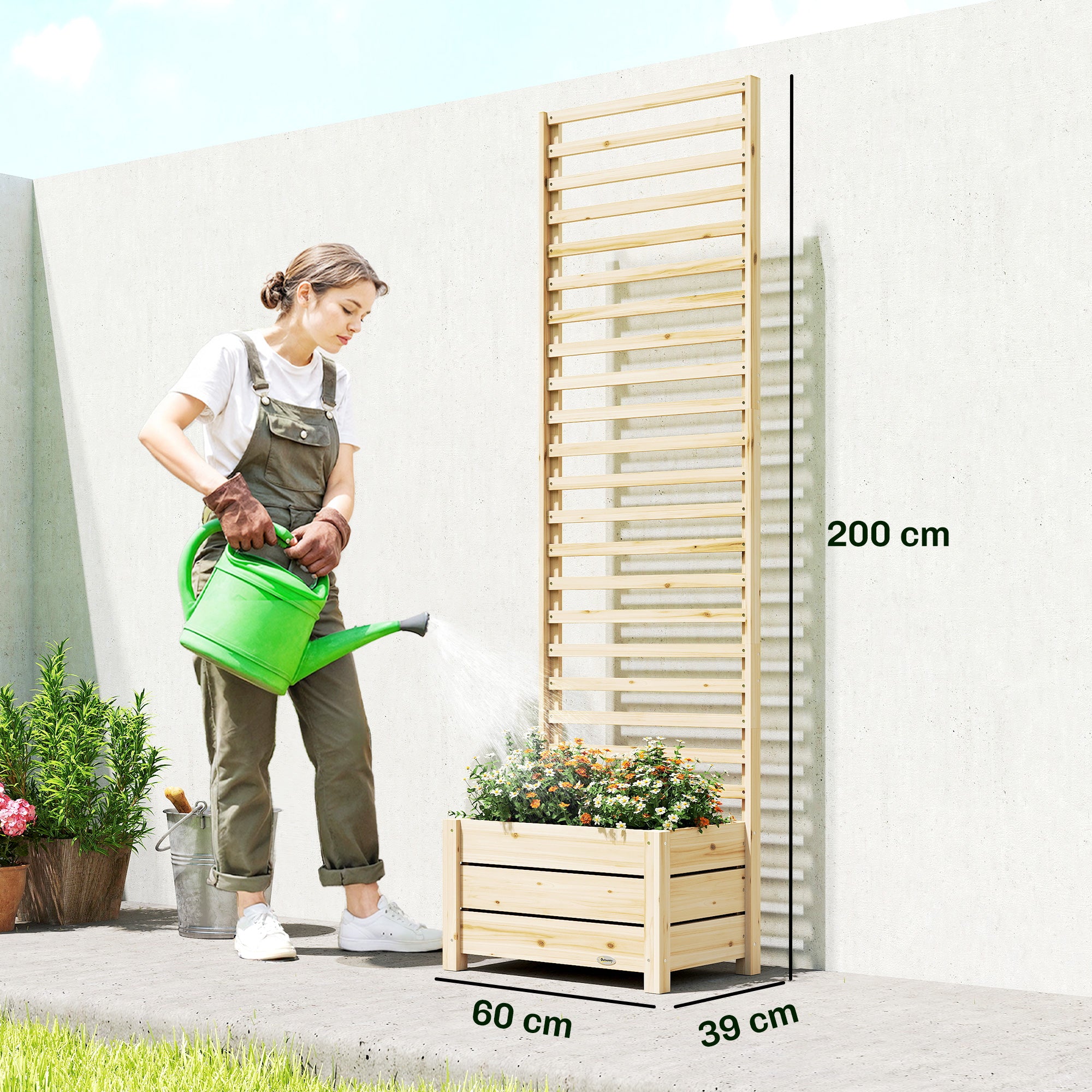 Raised Wooden Planter with Trellis, Flower Pot with Trellis, Drainage Hole and Non‑Woven Liner, Climbing Plant Planter for Garden 60 x 39 x 200 cm, Natural Wood