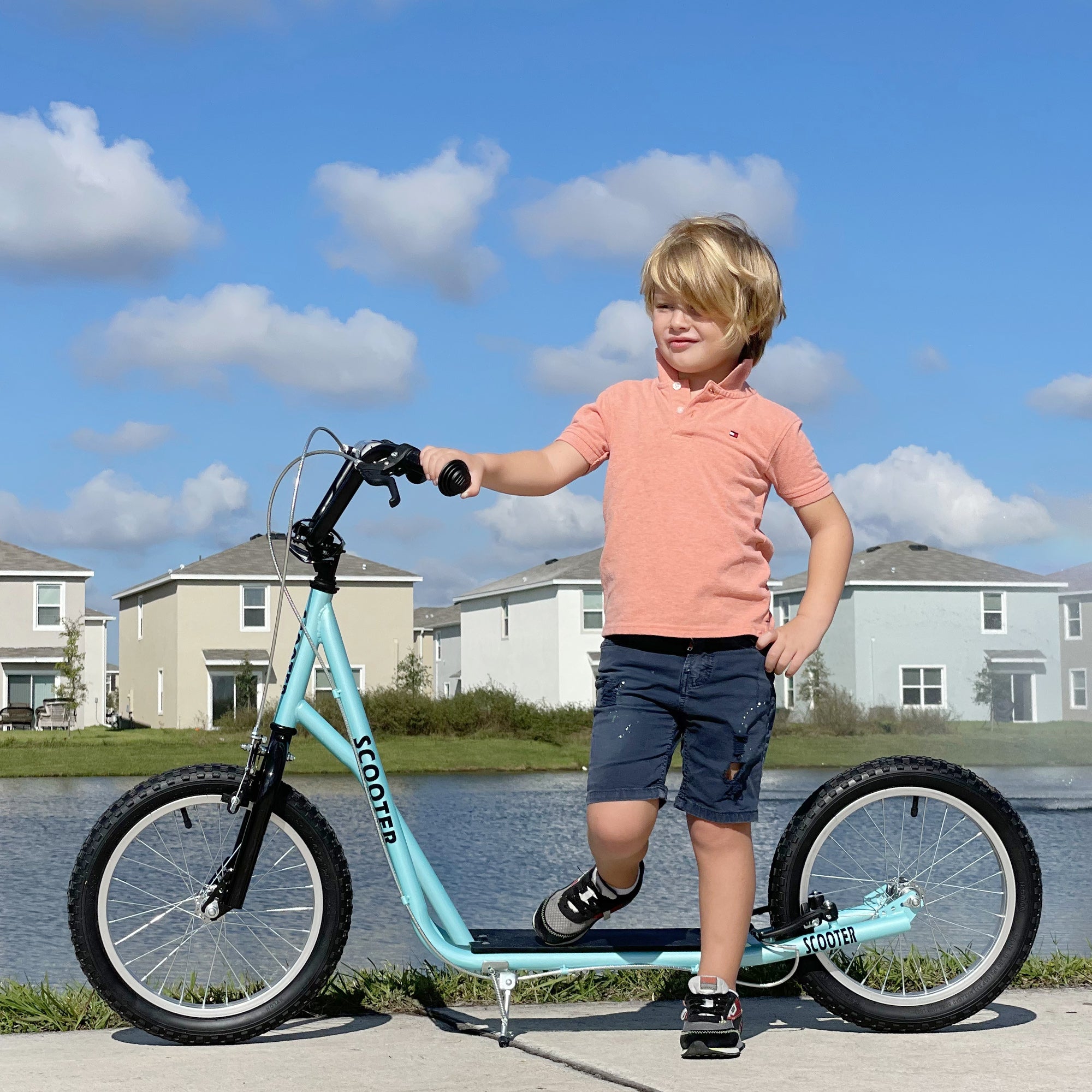 Kids Scooter Kick Scooter City Scooter Kickboard Scooter for Kids with Air Tires and Hand Brake Kids Scooter Waterproof Foldable from 5 Years 16 Inch Light Blue 139 x 58 x 90-96 cm