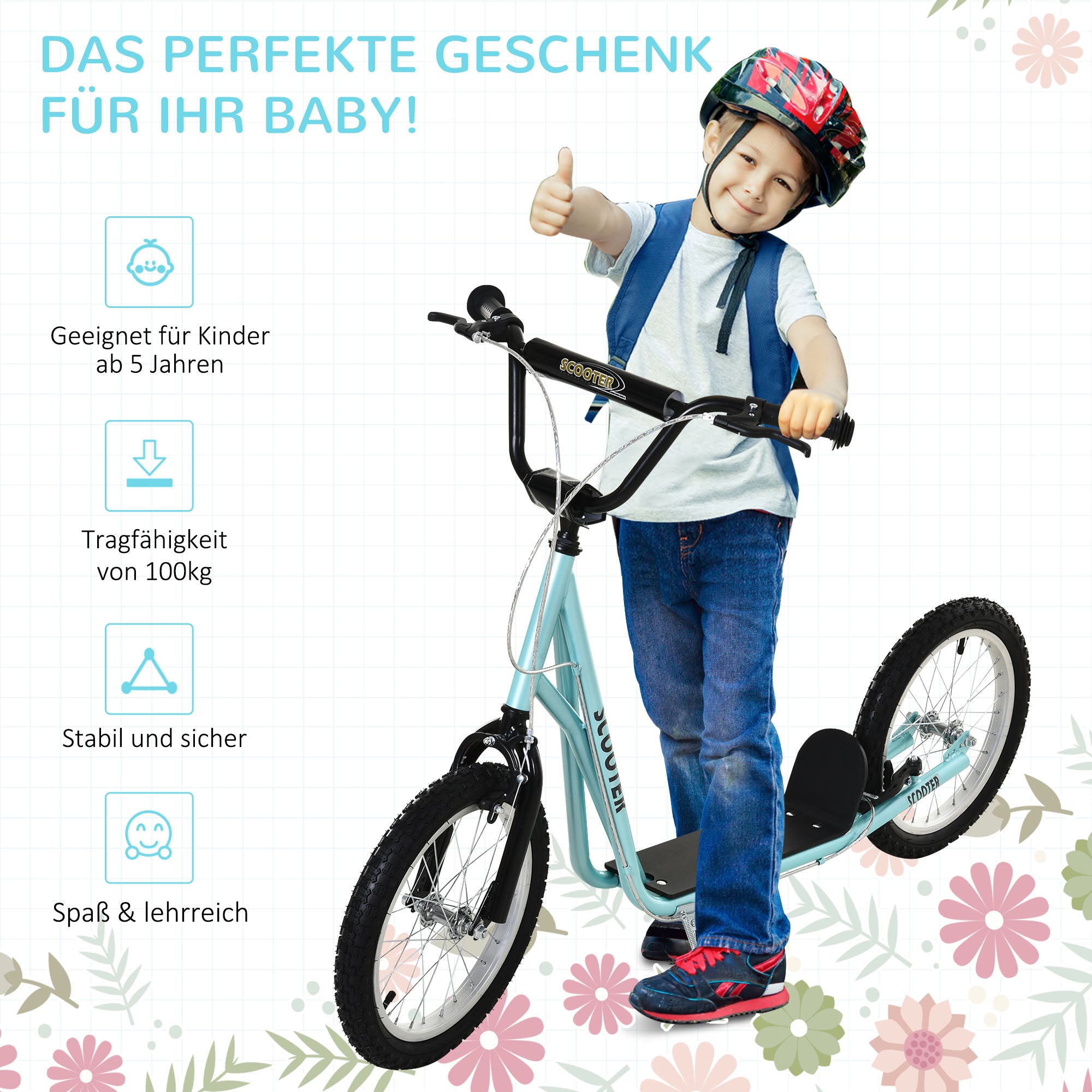 Kids Scooter Kick Scooter City Scooter Kickboard Scooter for Kids with Air Tires and Hand Brake Kids Scooter Waterproof Foldable from 5 Years 16 Inch Light Blue 139 x 58 x 90-96 cm