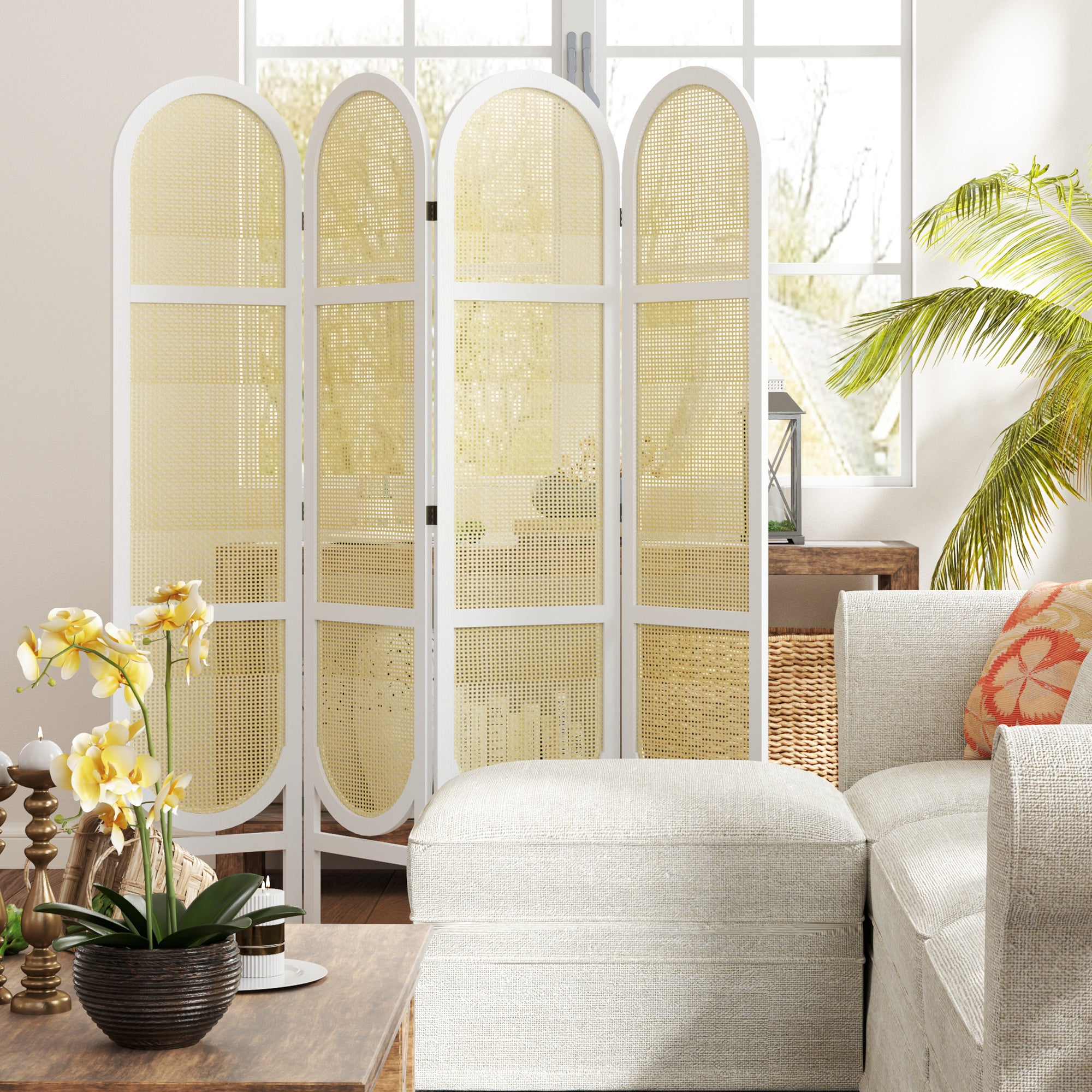 Indoor Wood Room Divider 4 Panel 170 x 160 cm, Foldable and Portable, Hand-Woven Pattern, Separation Partition for Living Room Bedroom Home, White