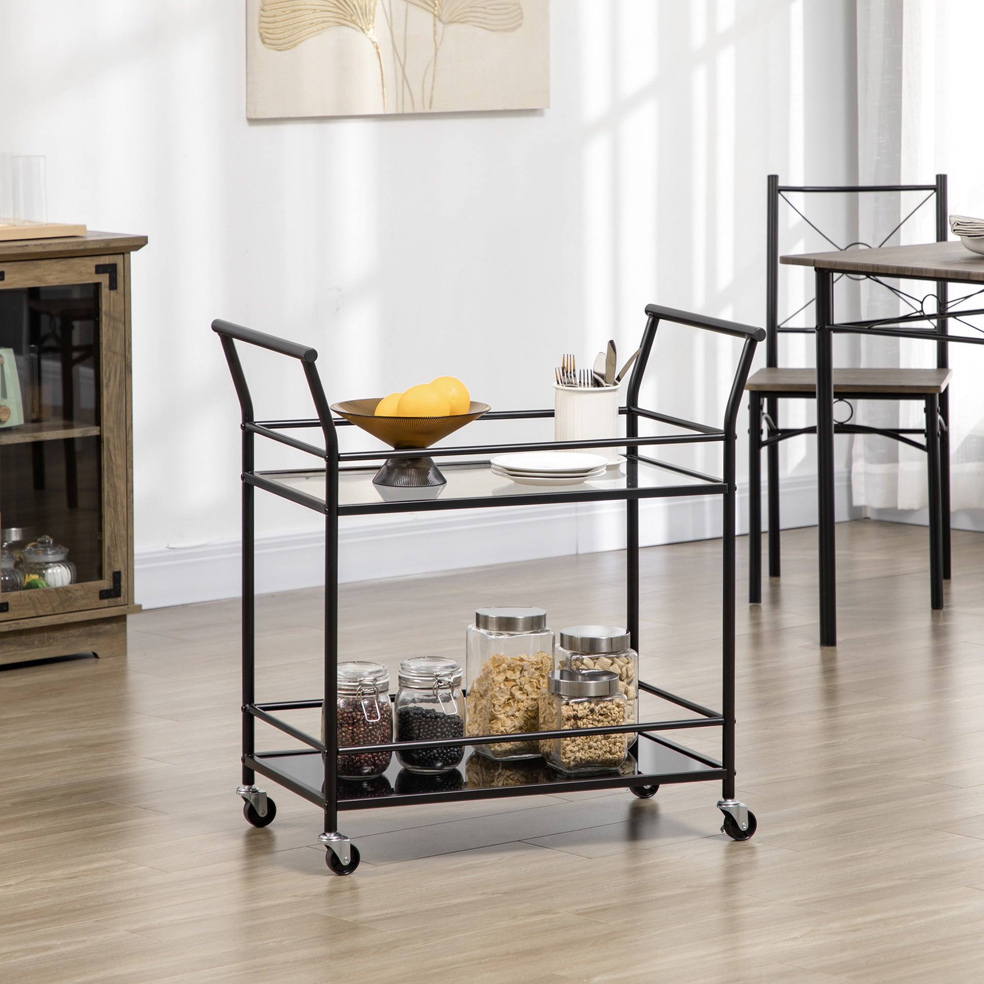 Kitchen Trolley, Roll Cart, Serving Trolley with 2 Shelves, Trolley, Side Cart on Wheels, Storage Cart for Kitchen, Metal, Black, 75 x 40 x 80 cm