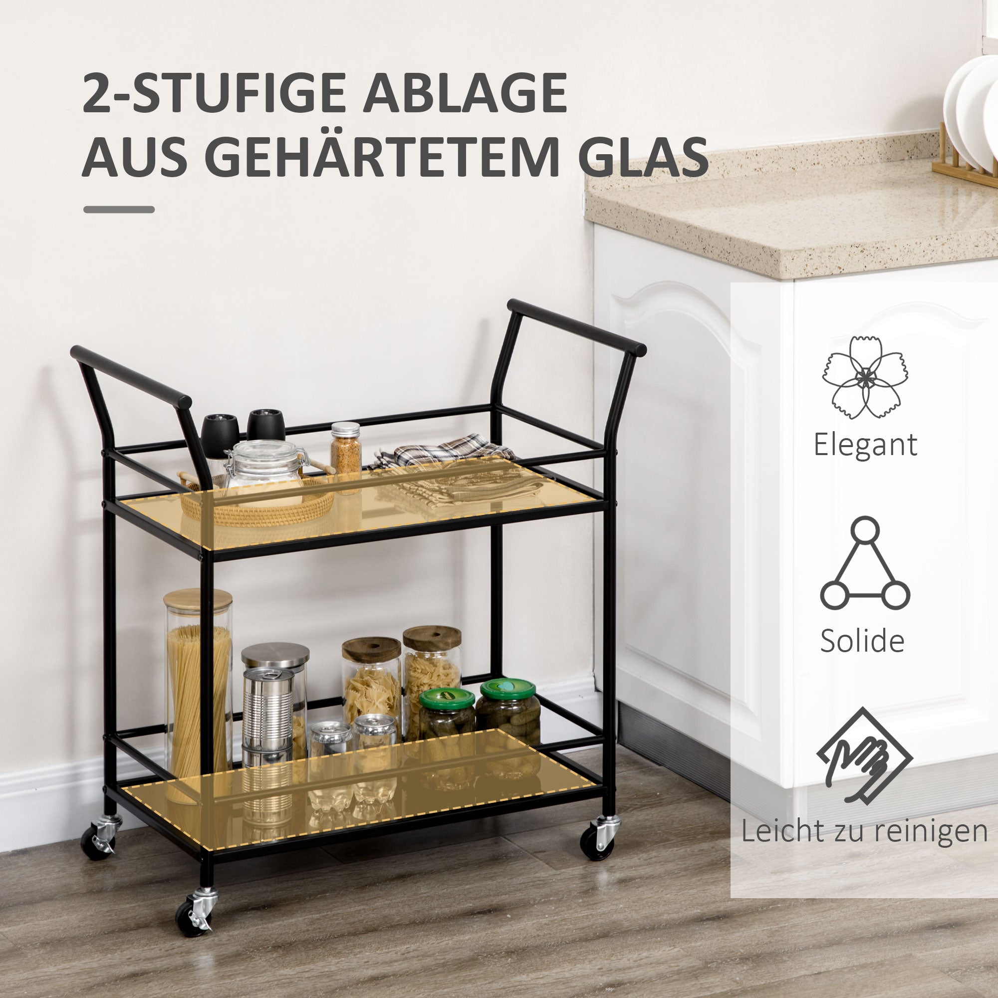 Kitchen Trolley, Roll Cart, Serving Trolley with 2 Shelves, Trolley, Side Cart on Wheels, Storage Cart for Kitchen, Metal, Black, 75 x 40 x 80 cm