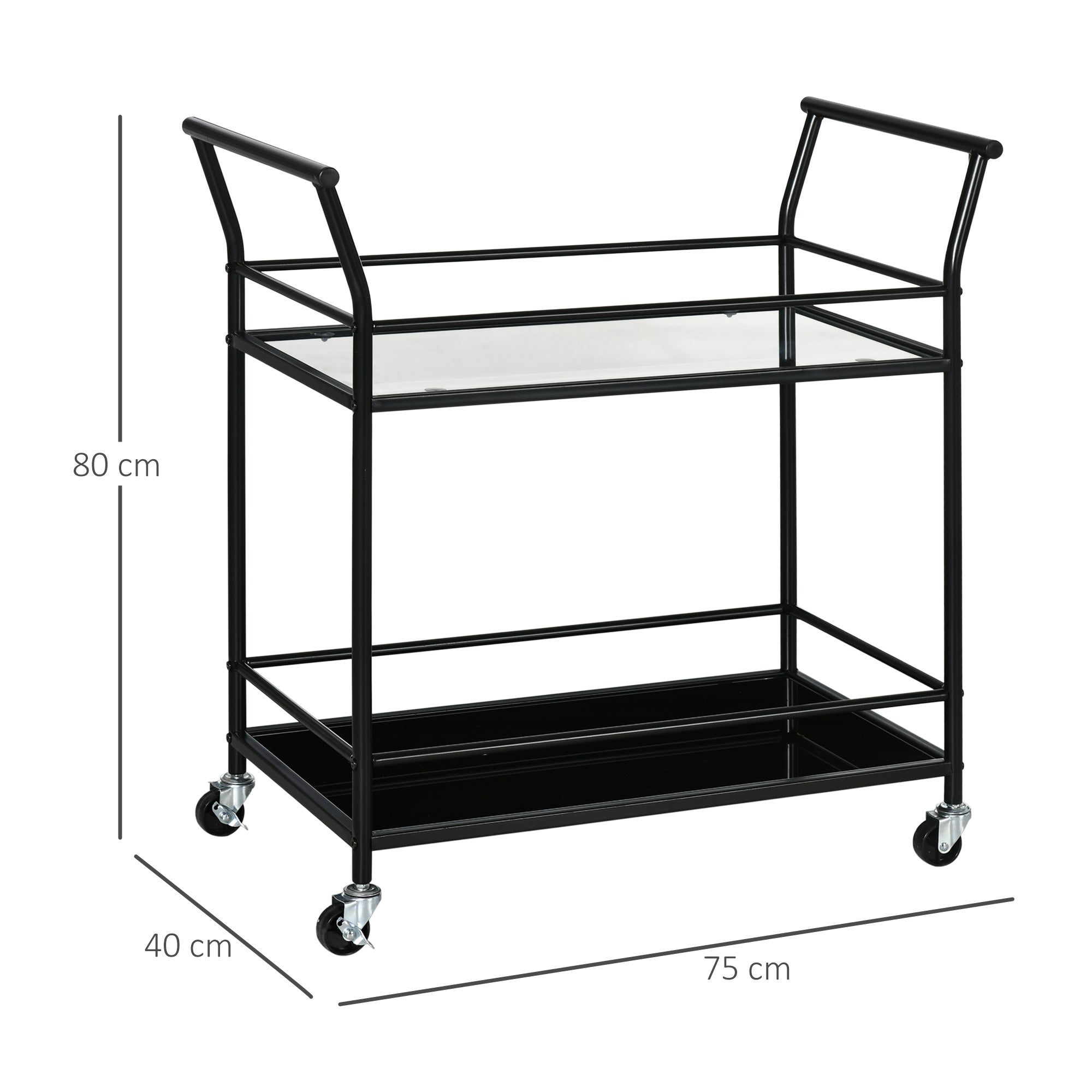 Kitchen Trolley, Roll Cart, Serving Trolley with 2 Shelves, Trolley, Side Cart on Wheels, Storage Cart for Kitchen, Metal, Black, 75 x 40 x 80 cm