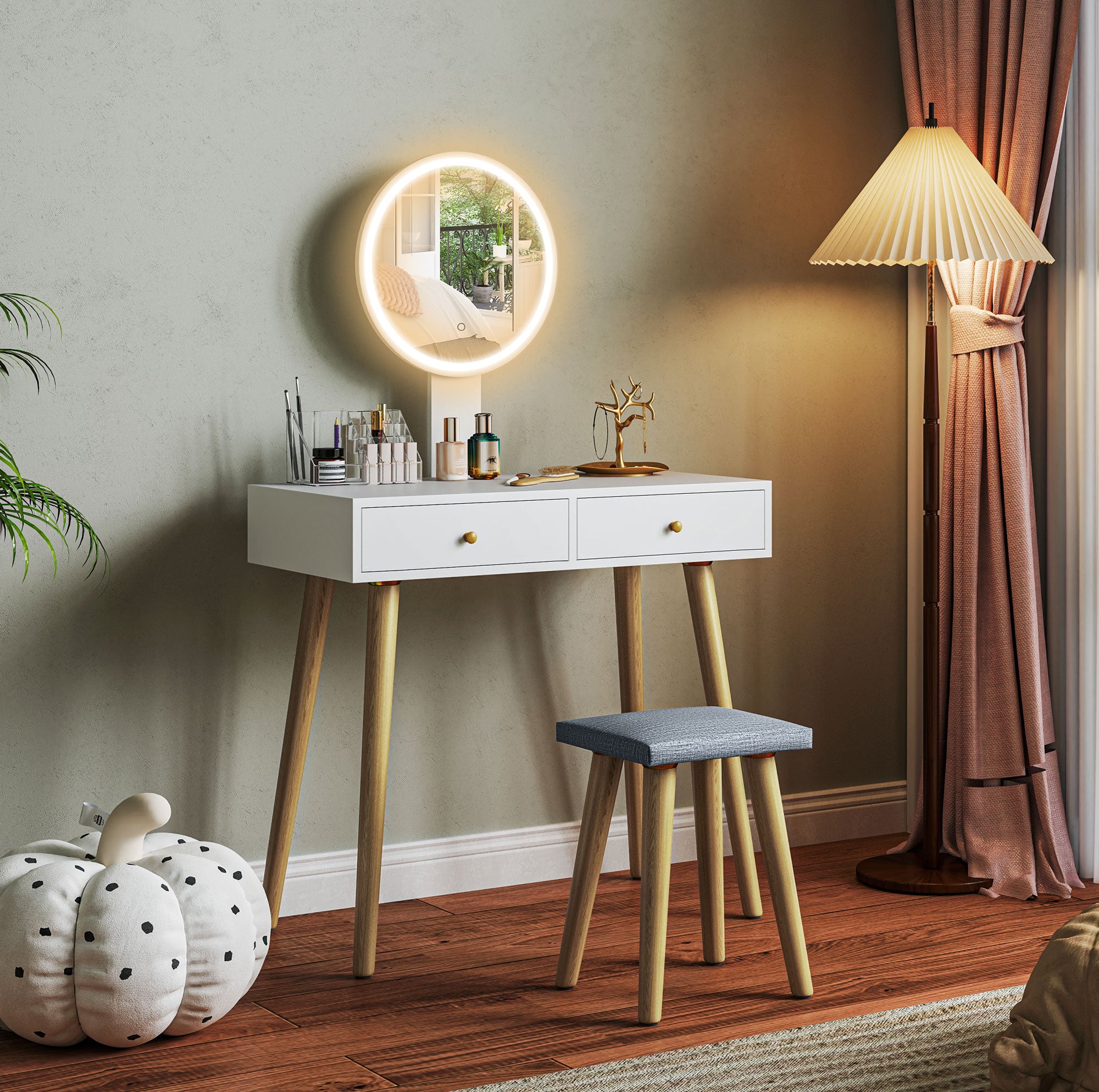 Vanity Makeup Table with LED Lights and Stool Makeup Desk with Adjustable Mirror Brightness 3 Colors 2 Drawers and Organizer Modern Vanity for Bedroom 31.5"x16.9"x52.4" White