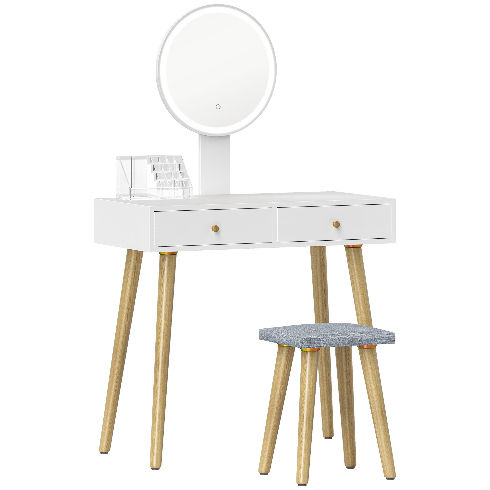 Vanity Makeup Table with LED Lights and Stool Makeup Desk with Adjustable Mirror Brightness 3 Colors 2 Drawers and Organizer Modern Vanity for Bedroom 31.5"x16.9"x52.4" White