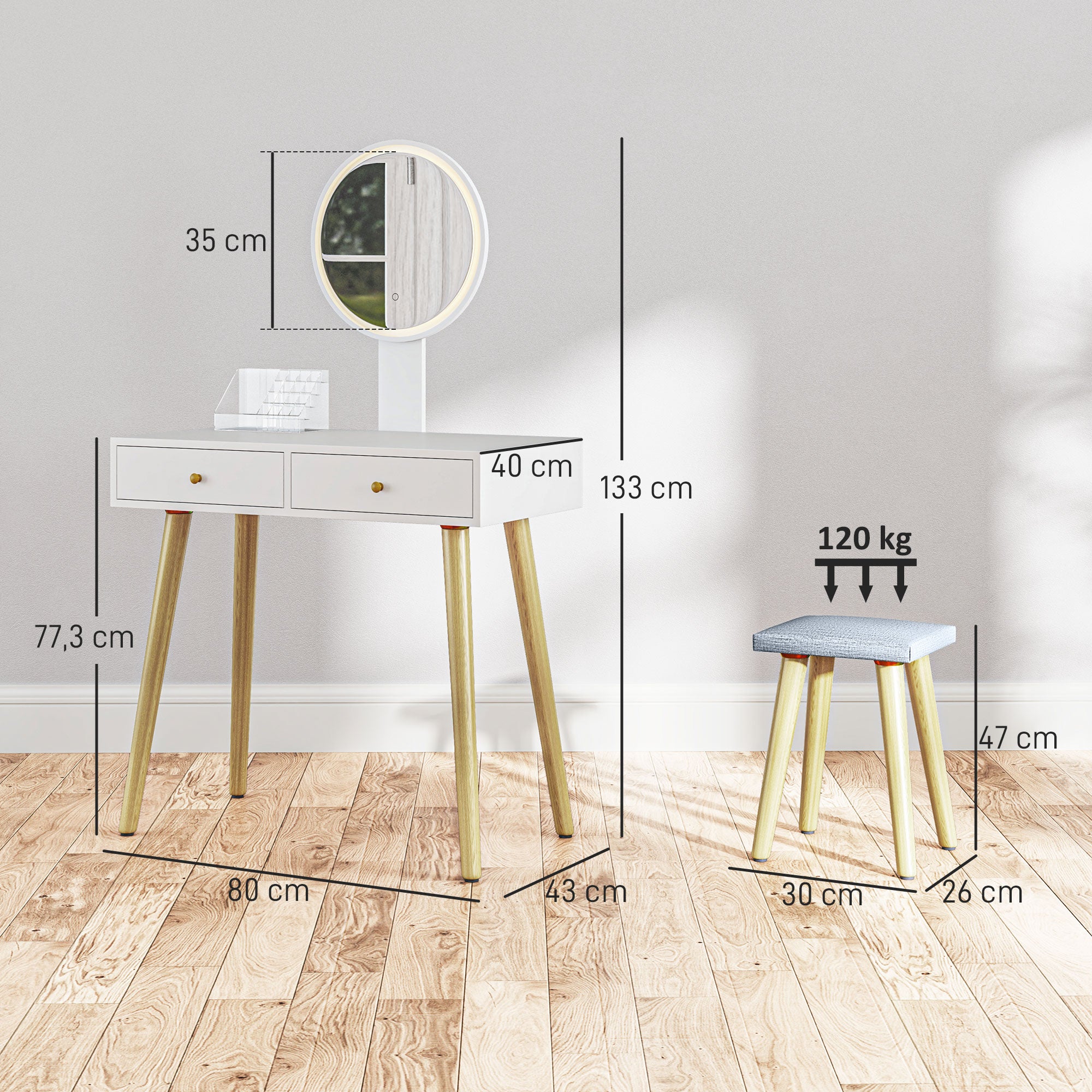 Vanity Makeup Table with LED Lights and Stool Makeup Desk with Adjustable Mirror Brightness 3 Colors 2 Drawers and Organizer Modern Vanity for Bedroom 31.5"x16.9"x52.4" White