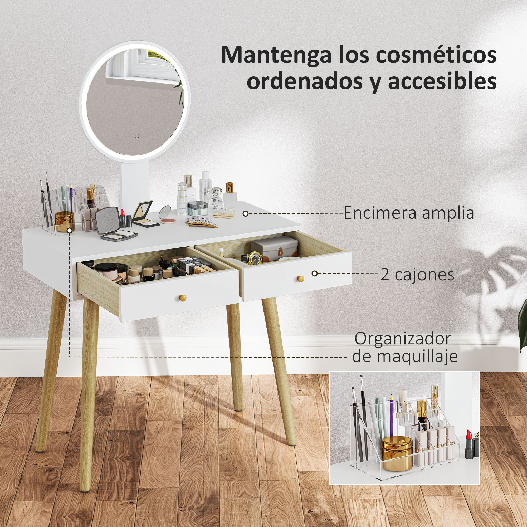 Vanity Makeup Table with LED Lights and Stool Makeup Desk with Adjustable Mirror Brightness 3 Colors 2 Drawers and Organizer Modern Vanity for Bedroom 31.5"x16.9"x52.4" White