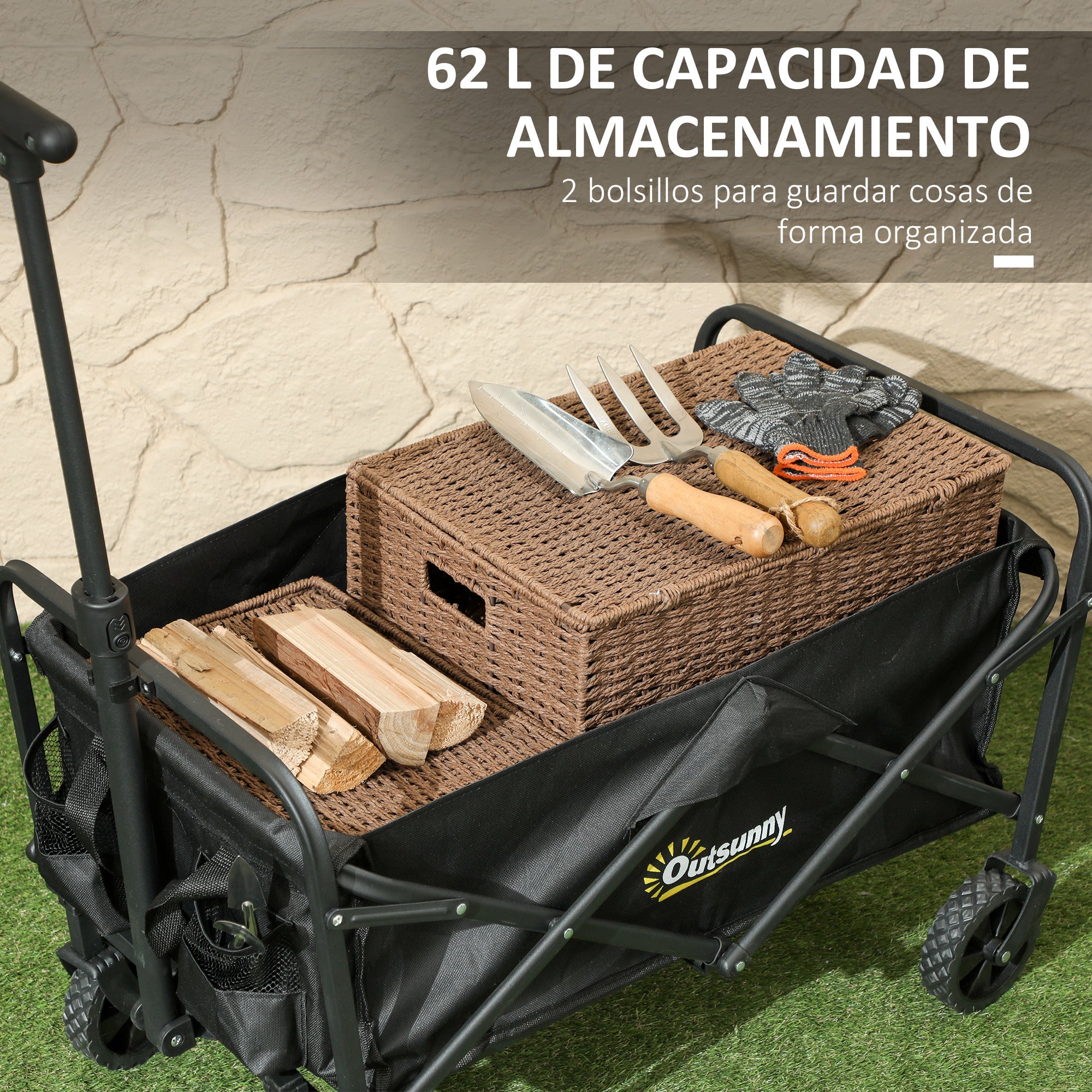 Beach Cart with Wheels Folding Garden Cart Adjustable Telescopic Handle 2 Storage Bags 120 kg Load Transport Cart for All Terrain Garden Camping Black