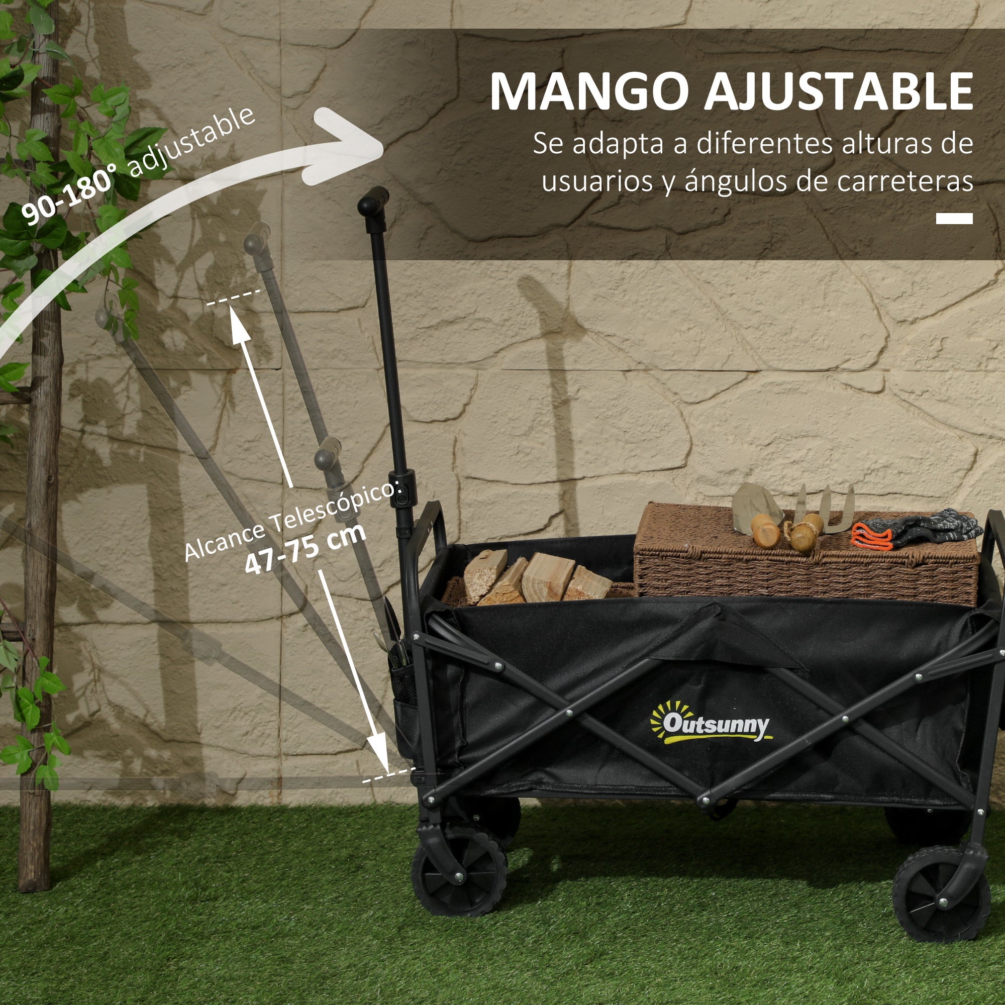 Beach Cart with Wheels Folding Garden Cart Adjustable Telescopic Handle 2 Storage Bags 120 kg Load Transport Cart for All Terrain Garden Camping Black