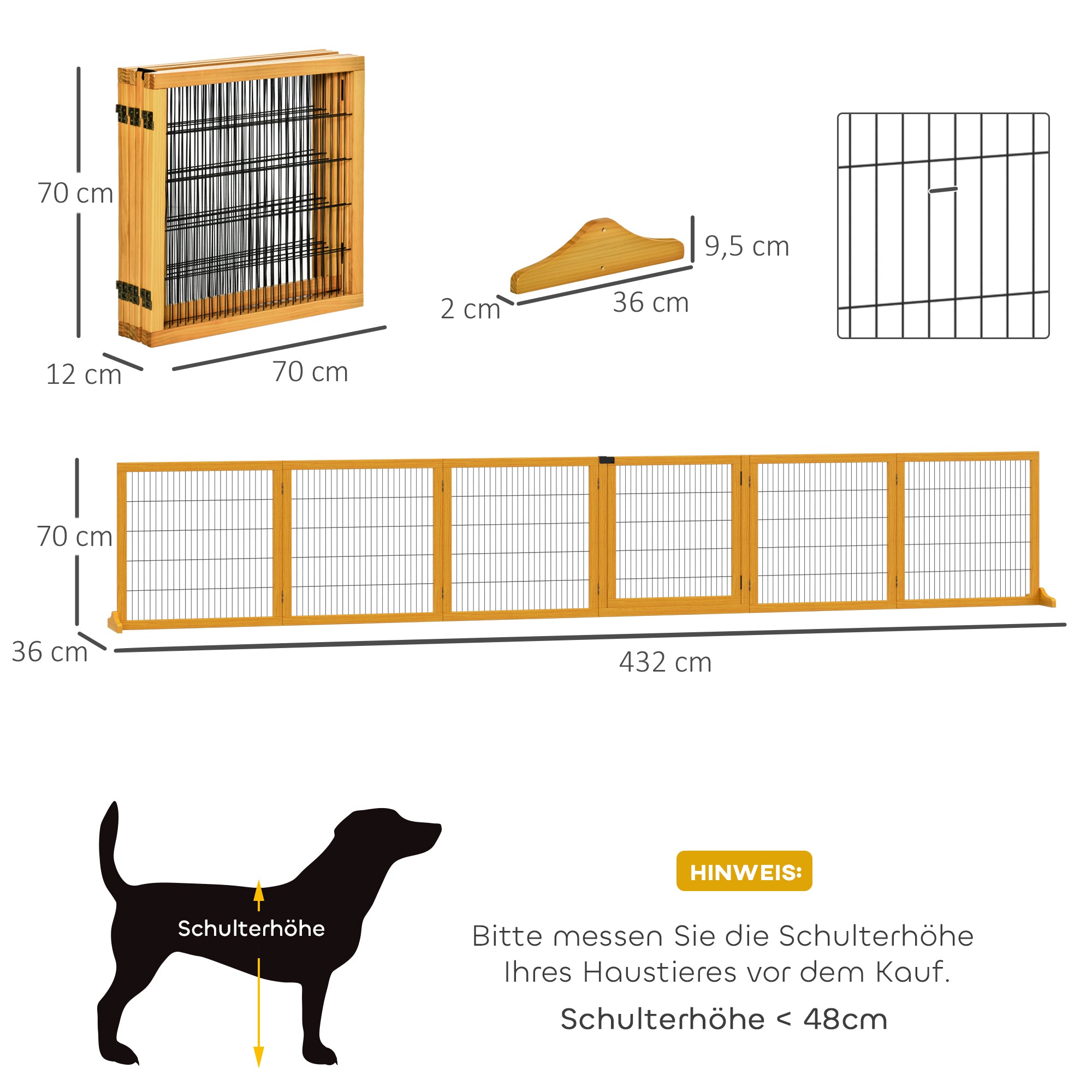 Dog Safety Gate Adjustable Protective Barrier with Feet 432 x 70 cm Wood Dog Gate Foldable Stair Safety Gate Dog Safety Gate for Stairs, Doors, Hallway, 6 Panels, Yellow