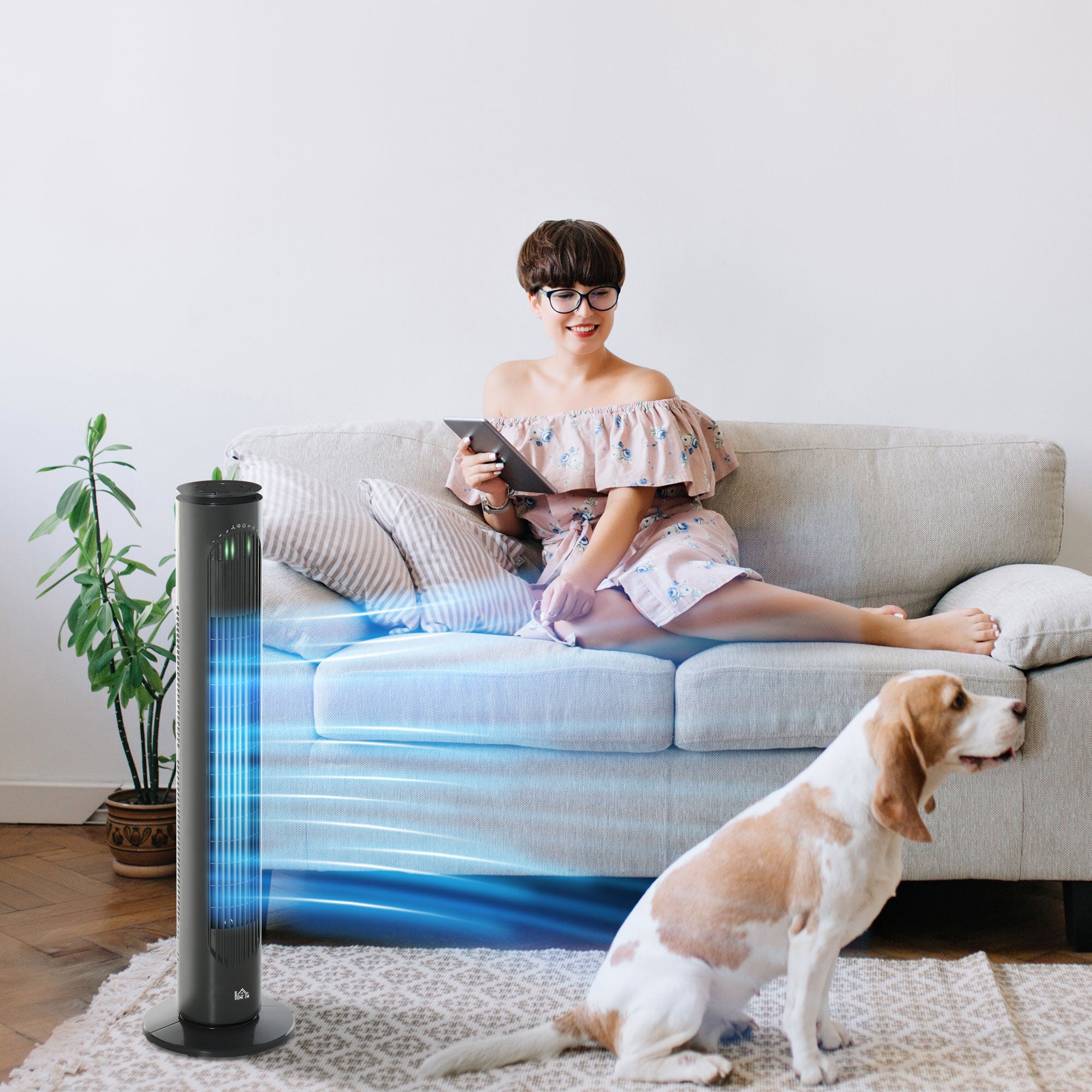 Silent 45 W column fan, tower fan for bedroom with 3 modes 3 speeds, remote control, 70° oscillation and timer, 77H cm dark gray
