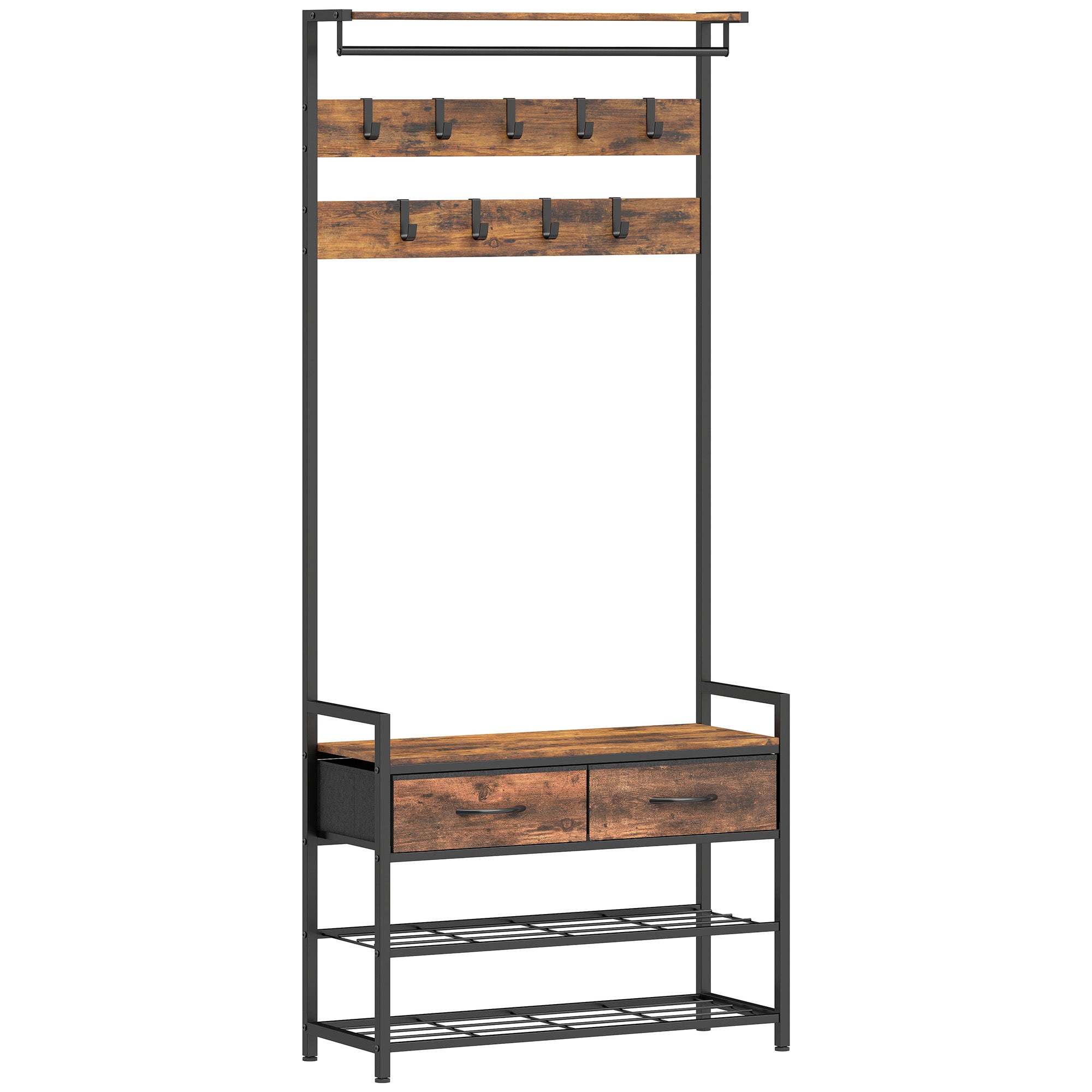 5-in-1 Hall Tree with Shoe Bench & Organizer, Industrial Steel Frame, Rustic Brown
