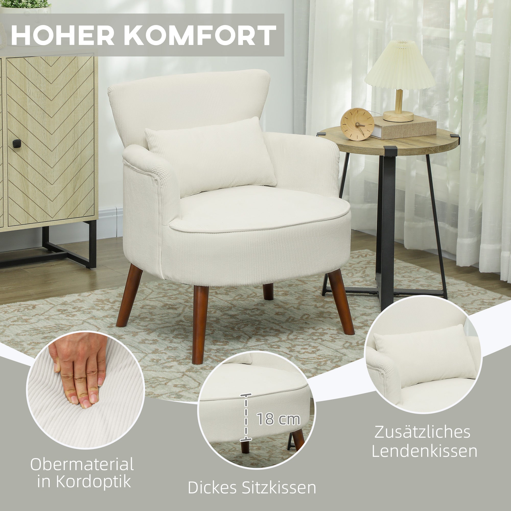 Armchair with Backrest, Rounded Armrests, Padded Lounge Chair with Corduroy Look, Wooden Legs, for Bedroom, Living Room, up to 120 kg, Cream White