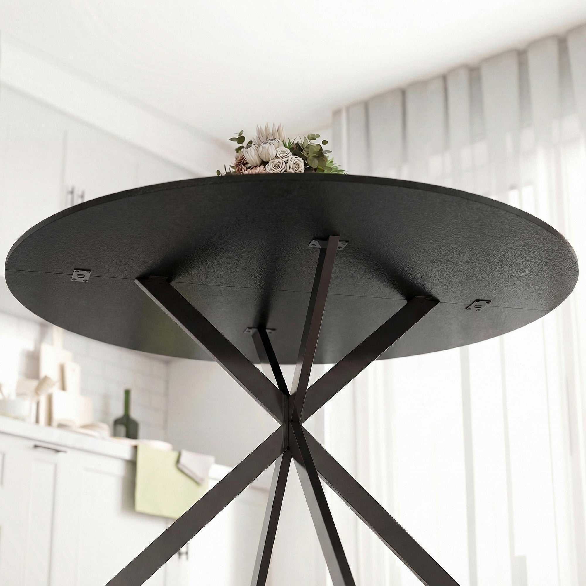 Round Dining Table for 4, 47.2 in Ø Industrial Style with Steel X-Legs, for Dining Room, Kitchen, Home Office, Black