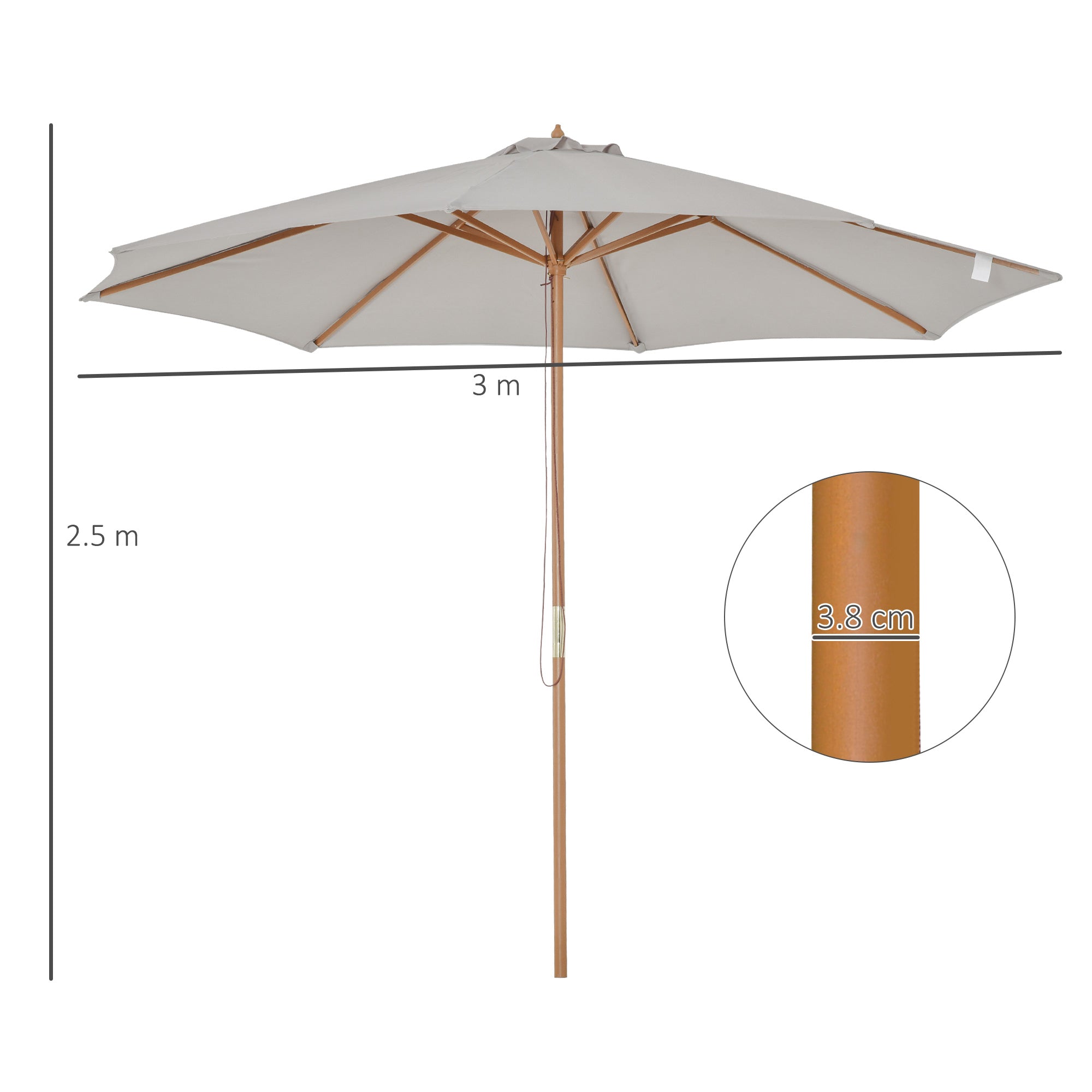 Sun Umbrella Ø 300 cm, Sun Umbrella with UV Protection Balcony Umbrella made of Wood Beach Umbrella stable Market Umbrella Sun Protection for Beach Terrace Garden, Gray