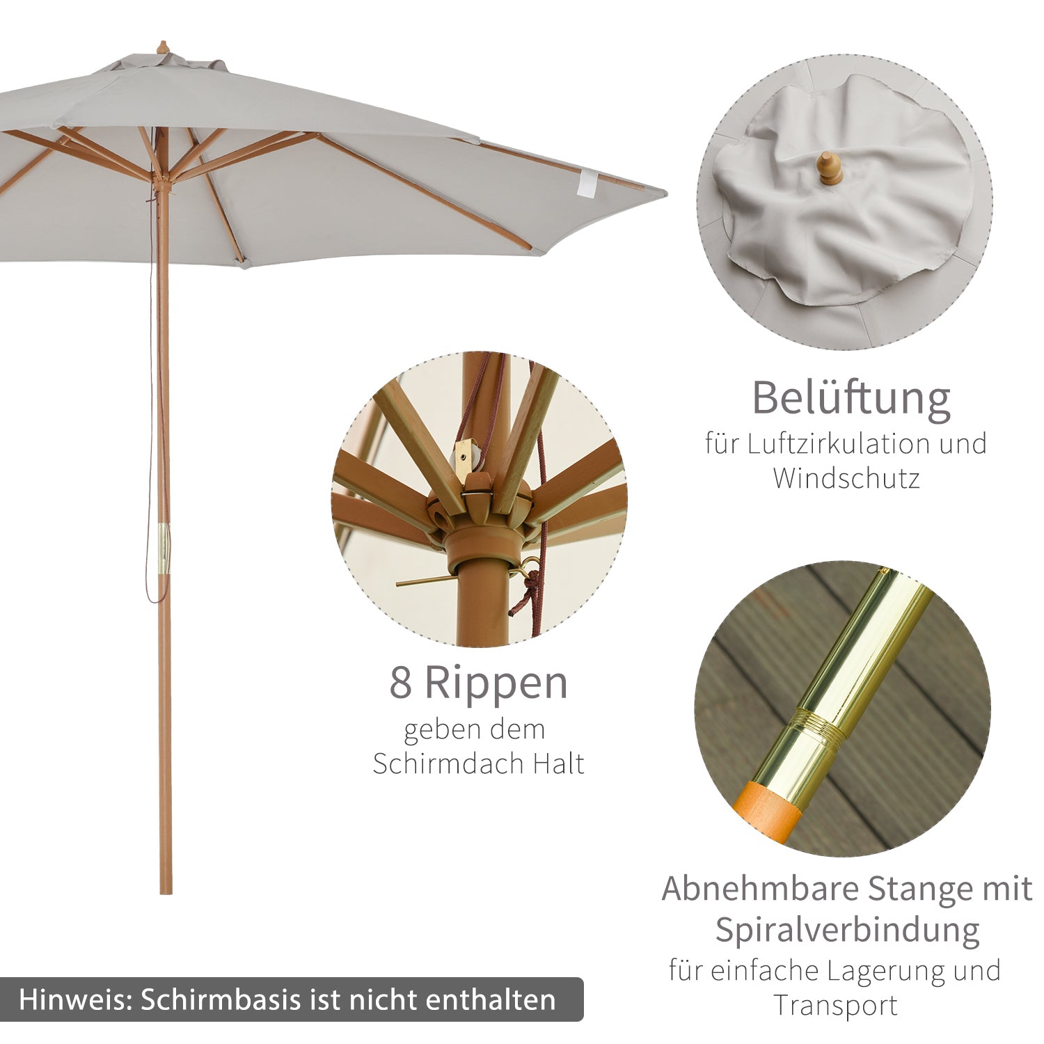 Sun Umbrella Ø 300 cm, Sun Umbrella with UV Protection Balcony Umbrella made of Wood Beach Umbrella stable Market Umbrella Sun Protection for Beach Terrace Garden, Gray