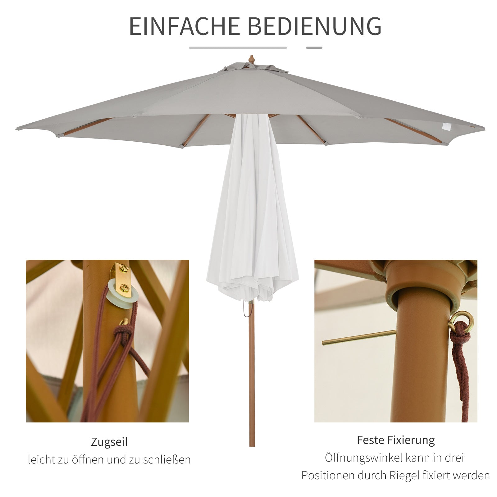 Sun Umbrella Ø 300 cm, Sun Umbrella with UV Protection Balcony Umbrella made of Wood Beach Umbrella stable Market Umbrella Sun Protection for Beach Terrace Garden, Gray