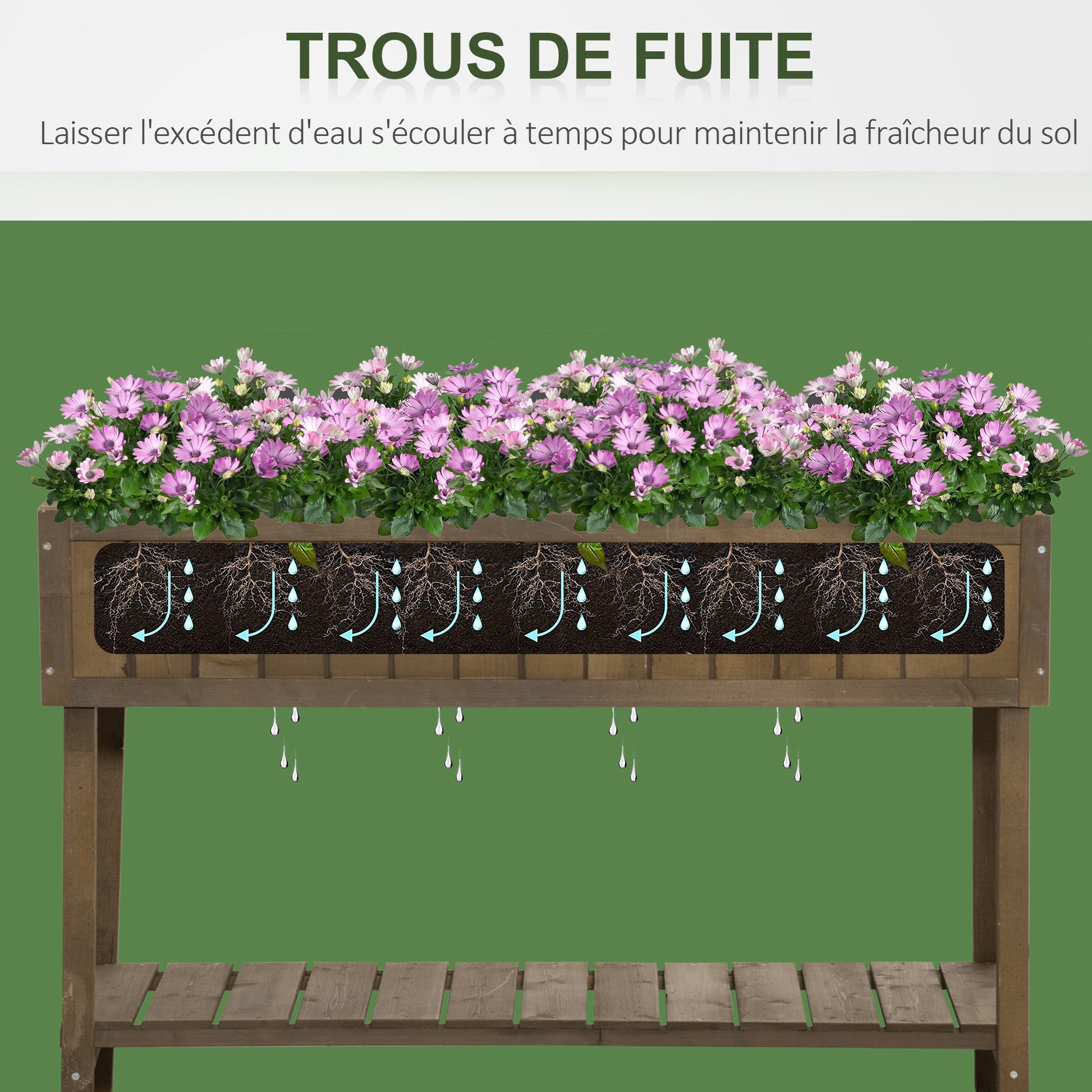 Square Raised Planter with Shelf, size 110L x 46W x 76H cm, 8 Compartments & Irrigation Inserts Fir Wood