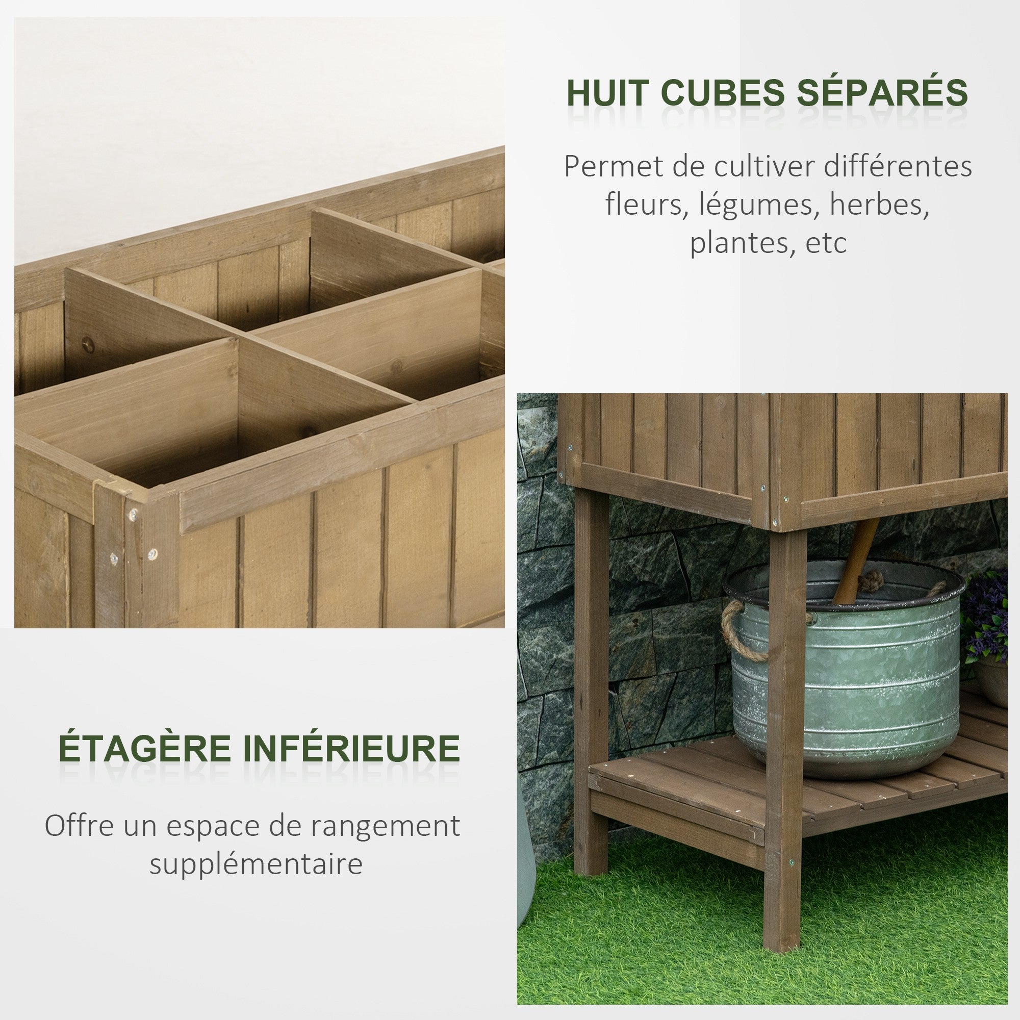 Square Raised Planter with Shelf, size 110L x 46W x 76H cm, 8 Compartments & Irrigation Inserts Fir Wood