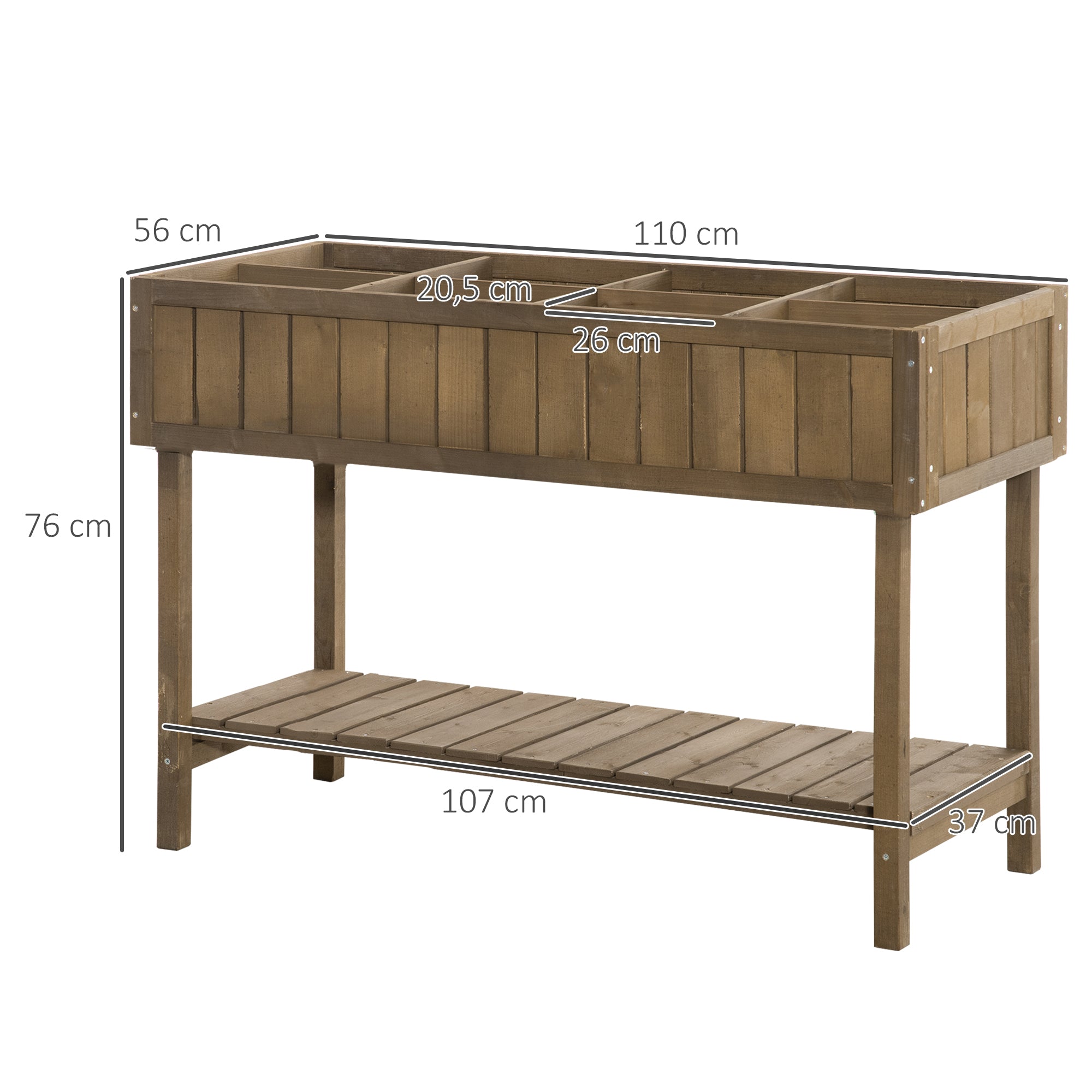 Square Raised Planter with Shelf, size 110L x 46W x 76H cm, 8 Compartments & Irrigation Inserts Fir Wood