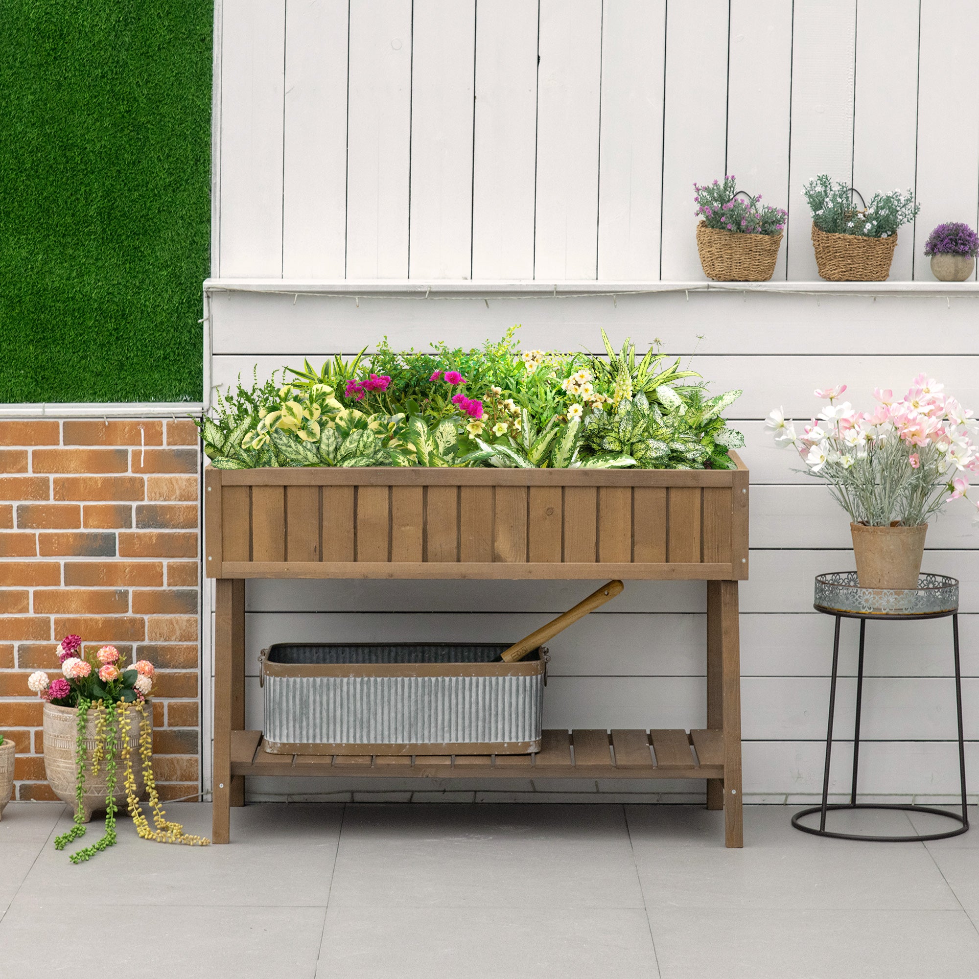 Square Raised Planter with Shelf, size 110L x 46W x 76H cm, 8 Compartments & Irrigation Inserts Fir Wood