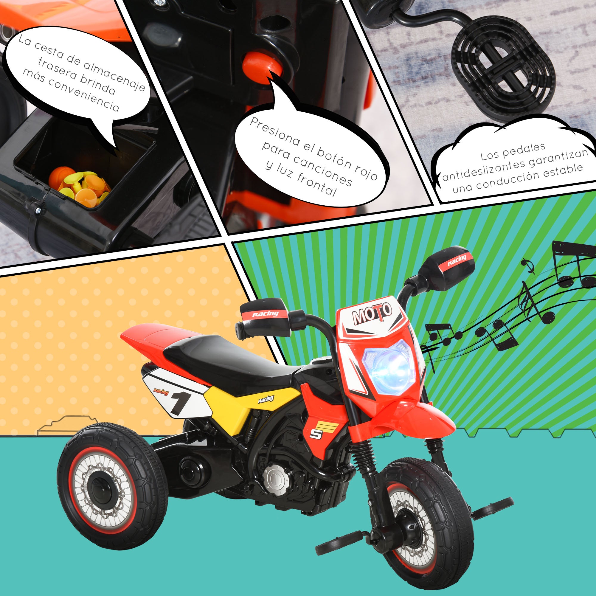 Kids' Ride-on Motorcycle for Children 18 Months and Up with Mountain-Motorcycle Appearance with 3 Wheels with Lights and Sound Pedals Unique Design 71x40x51 cm Red