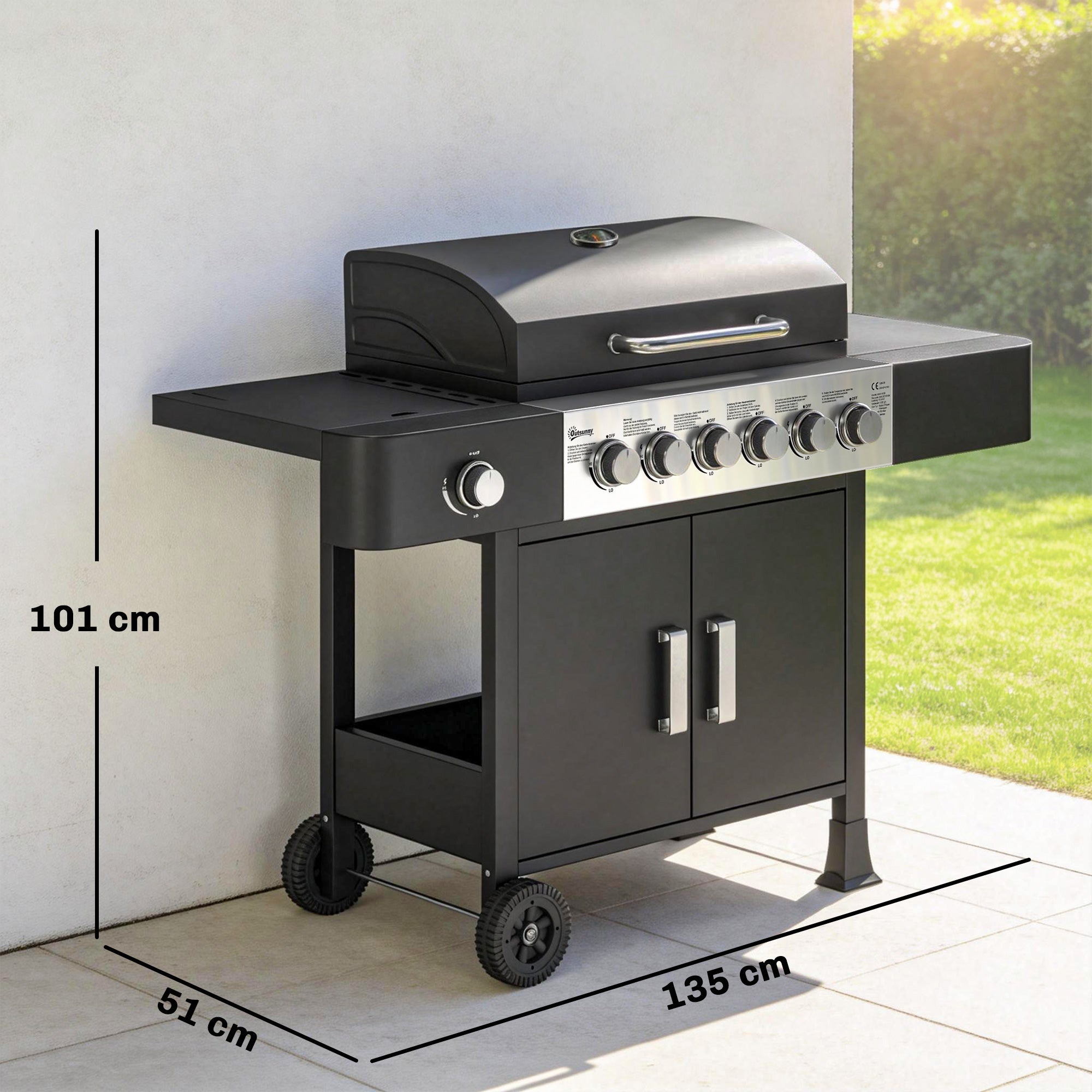 17.8 kW (≈60,700 BTU) 6+1-Burner Stainless Steel Gas Grill Cart with Side Burner, Thermometer, Enamel Grates, Warming Rack, Side Table & Cabinet — Ideal for Balcony & BBQ Parties