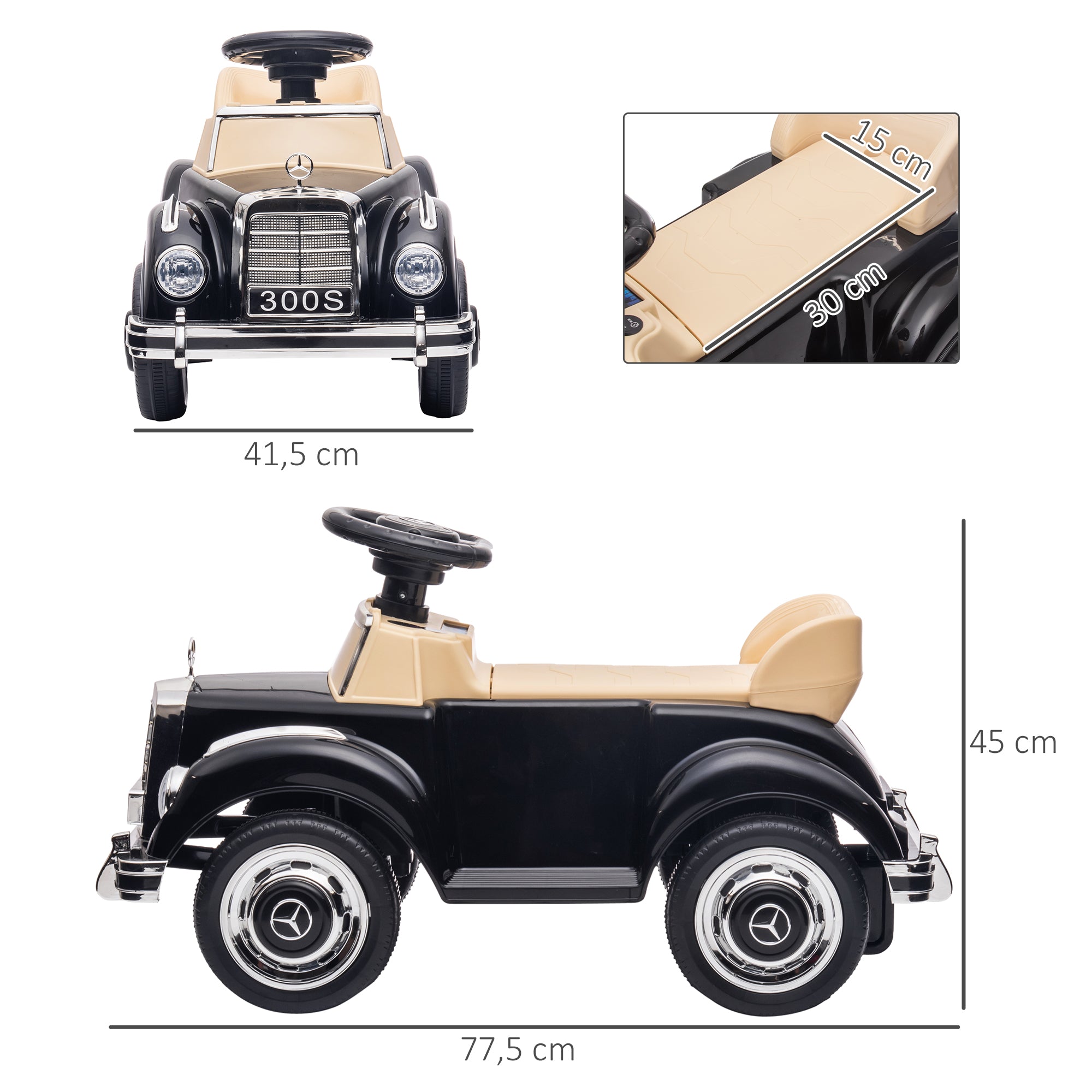 Ride-On Car, Kids Vehicle, Ride-On Vehicle with Storage Space, Children's Car with Tip-Over Protection Ride-On for 18-48 Months Kids, Black, 77.5 x 41.5 x 45 cm