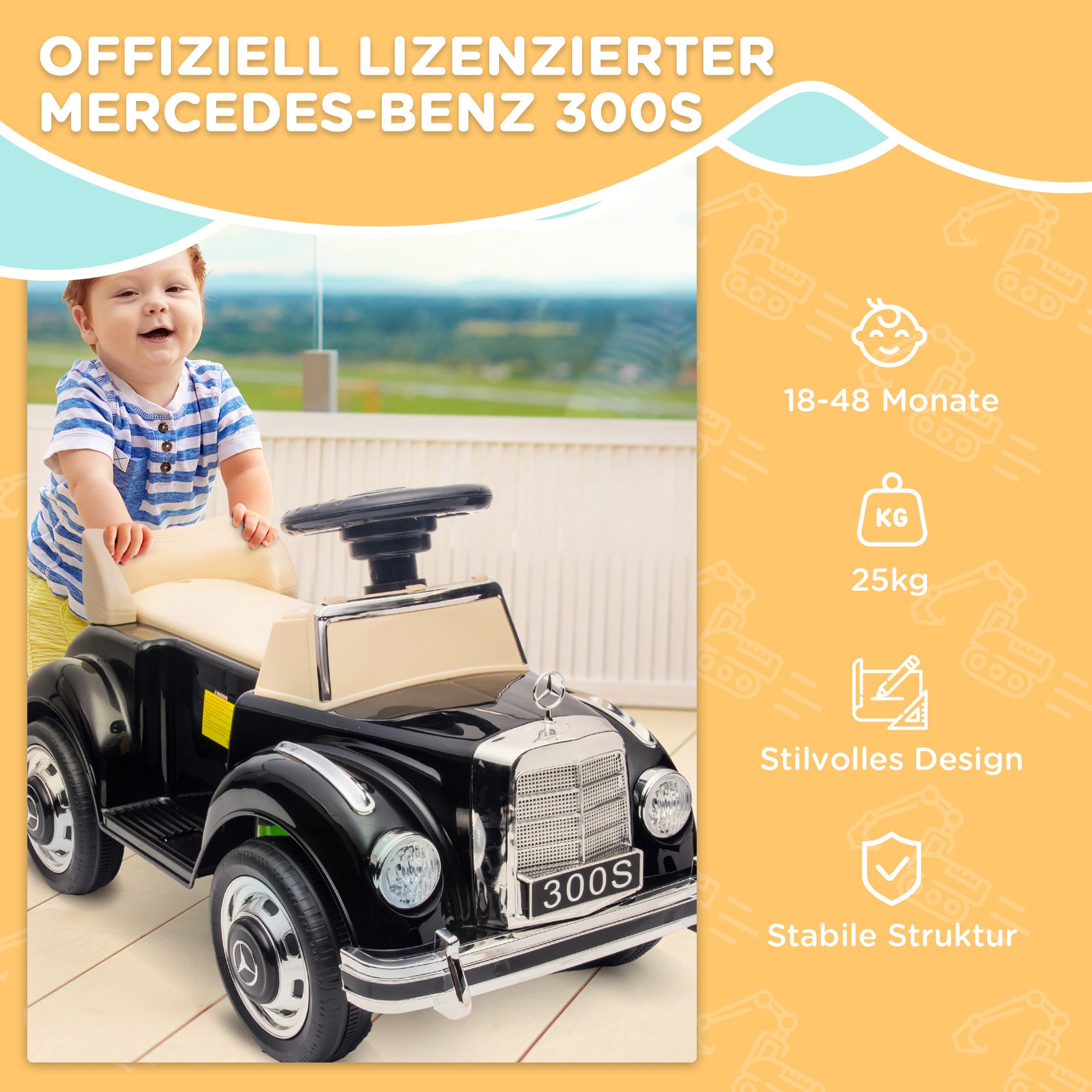 Ride-On Car, Kids Vehicle, Ride-On Vehicle with Storage Space, Children's Car with Tip-Over Protection Ride-On for 18-48 Months Kids, Black, 77.5 x 41.5 x 45 cm