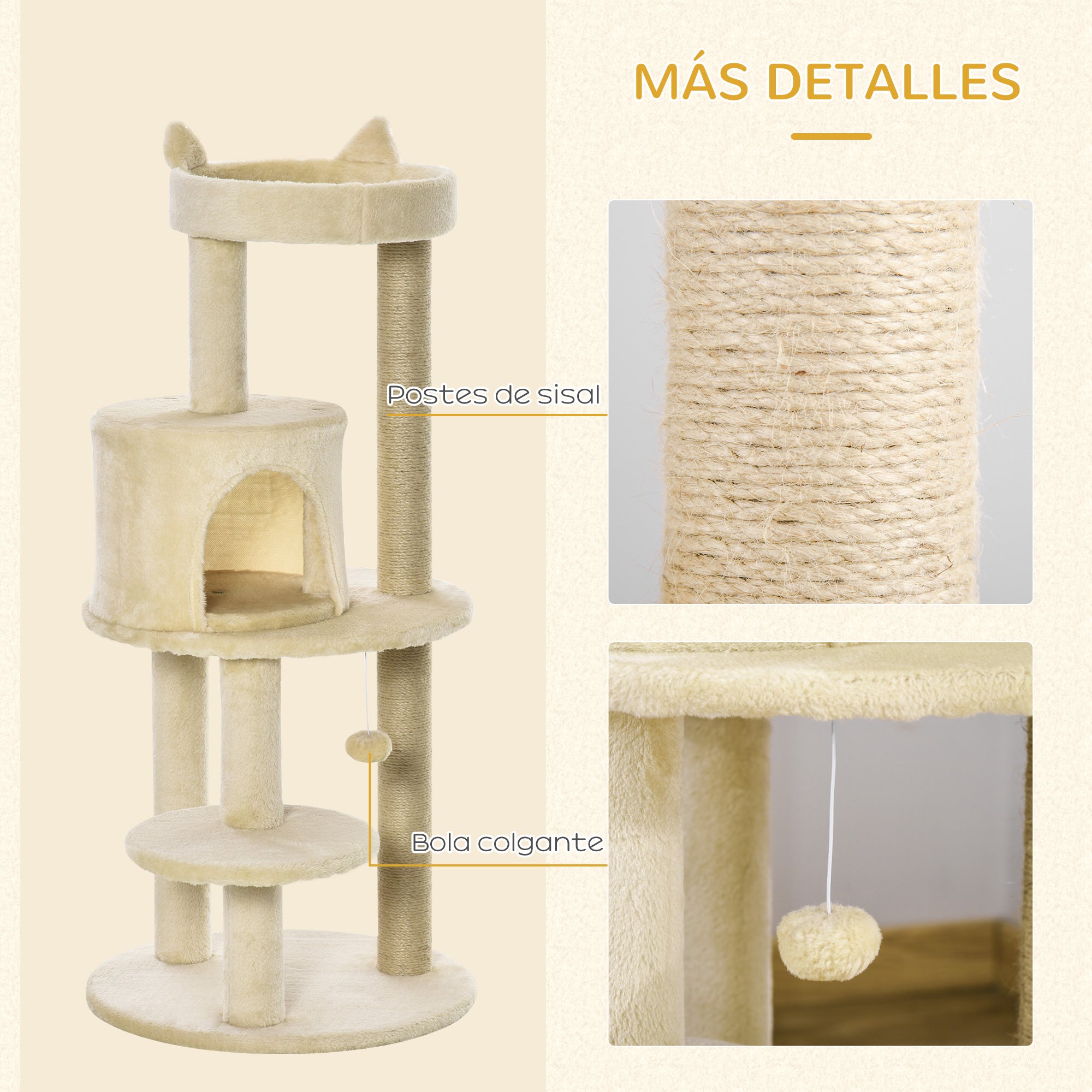 104 cm Cat Scratching Post with Platforms Scratcher with Sisal Posts and Hanging Ball 48x48x104 cm Cream