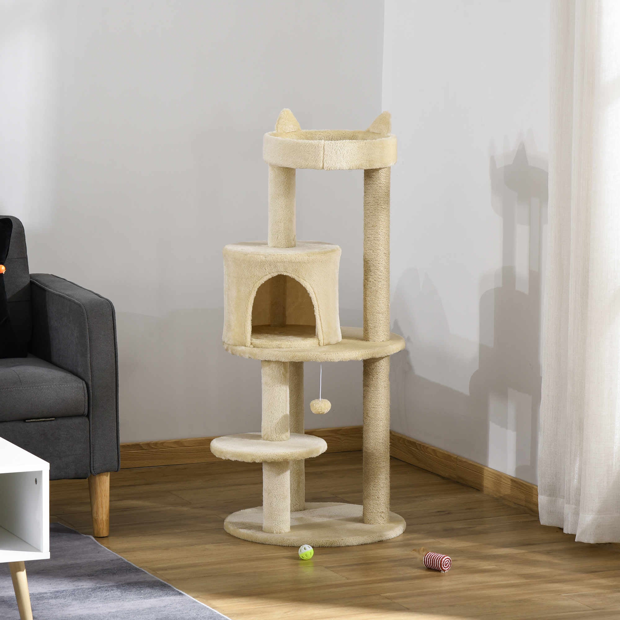 104 cm Cat Scratching Post with Platforms Scratcher with Sisal Posts and Hanging Ball 48x48x104 cm Cream
