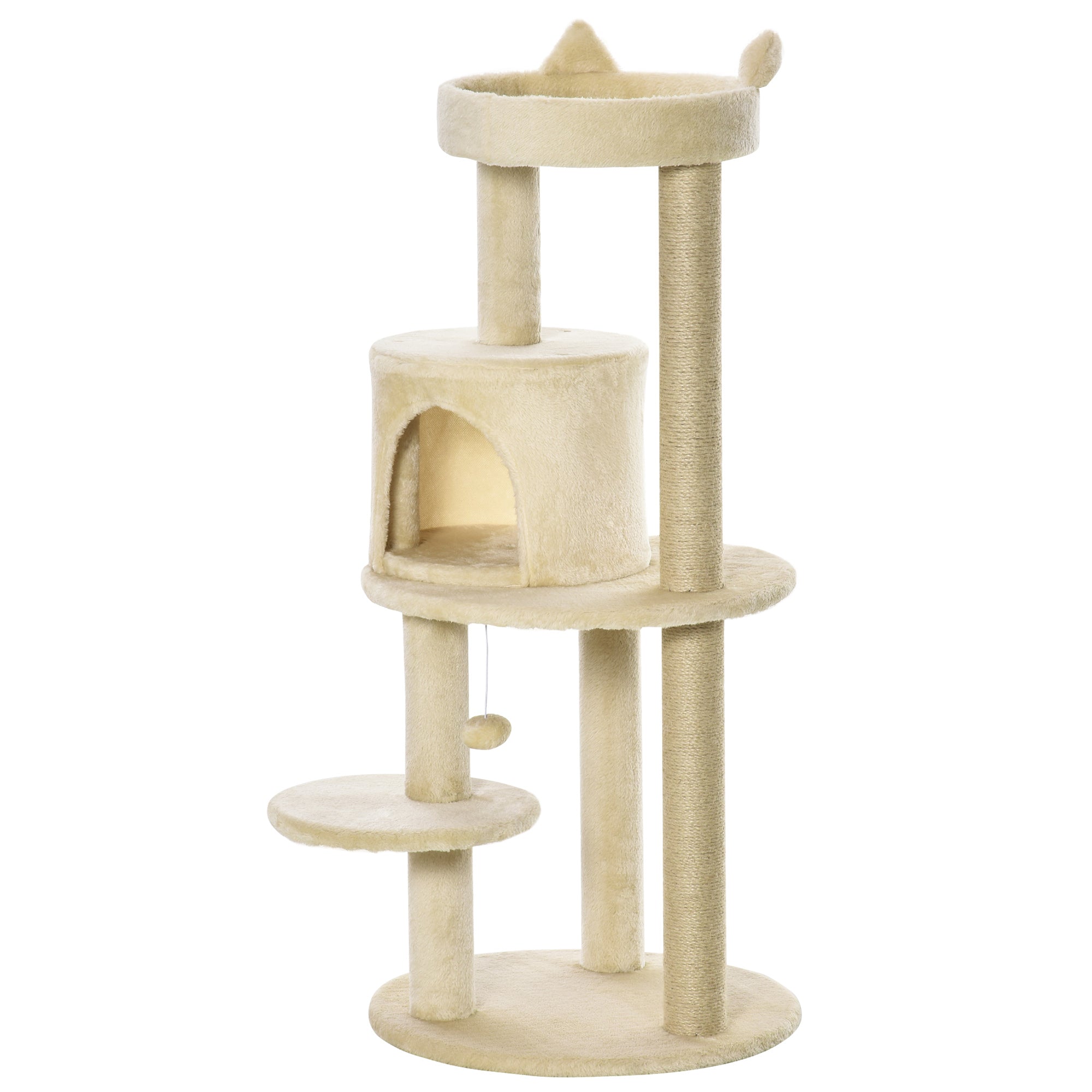 104 cm Cat Scratching Post with Platforms Scratcher with Sisal Posts and Hanging Ball 48x48x104 cm Cream